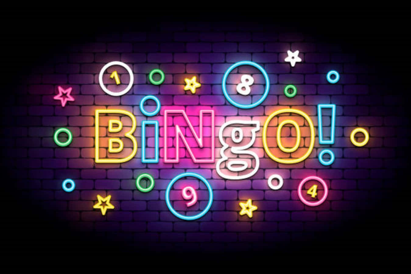 Bingo 桌布 壁紙 — 充滿活力的霓虹燈「Bingo!」標誌，帶有發光數字和星星，背景為深色磚牆。