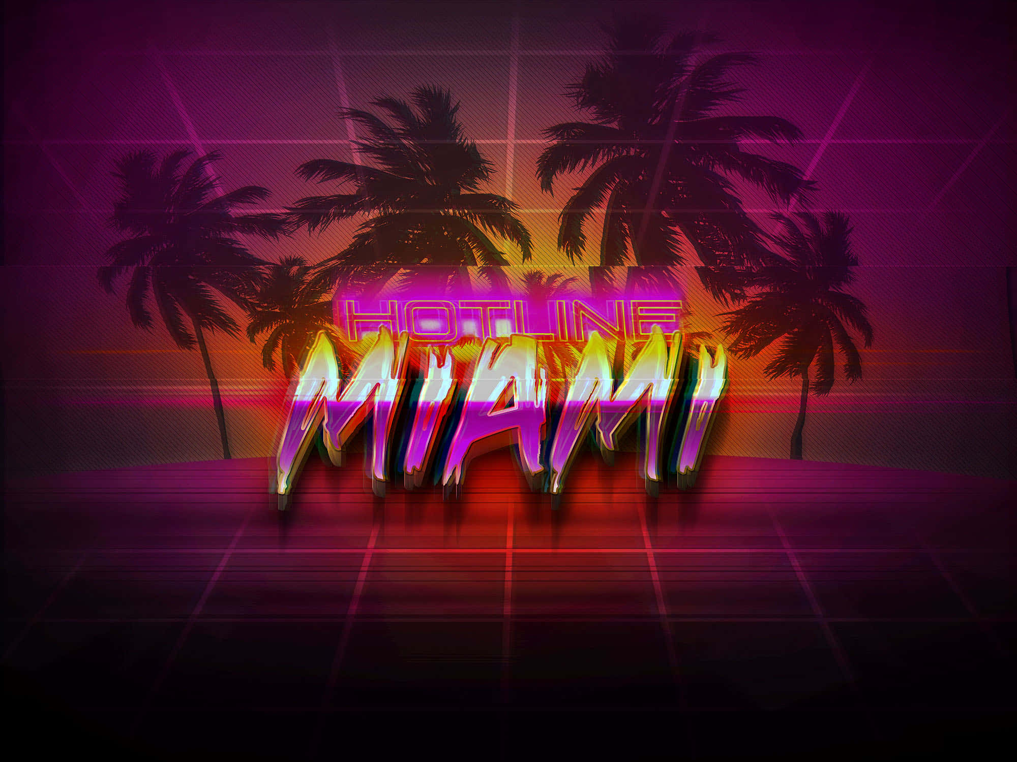 Hotline Miami 桌布 壁紙 — 充滿活力的霓虹燈「Hotline Miami」文字在日落時分的棕櫚樹剪影和復古網格背景上發光。