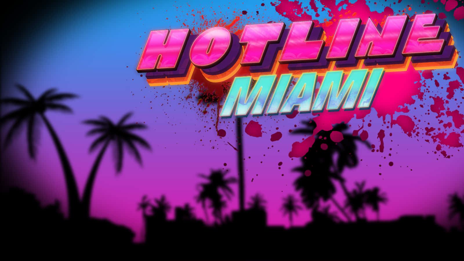 Hotline Miami 桌布 壁紙 — 充滿活力的霓虹燈 'Hotline Miami' 標誌在紫色日落天空和棕櫚樹剪影中飛濺。