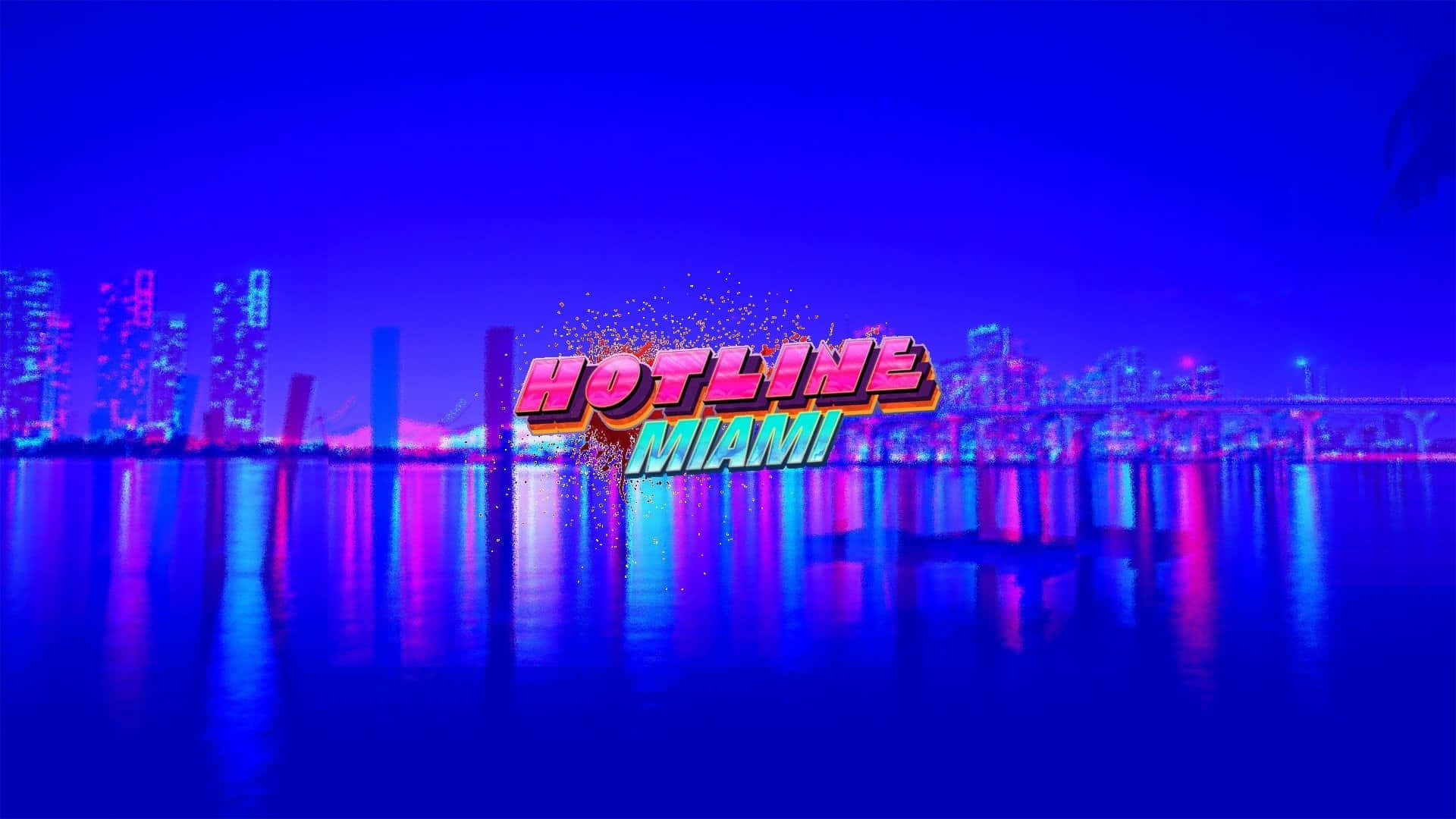 邁阿密熱線 桌布 壁紙 — 充滿活力的霓虹燈「Hotline Miami」標誌在夜間發光的水面上反射的賽博龐克邁阿密天際線上爆炸。