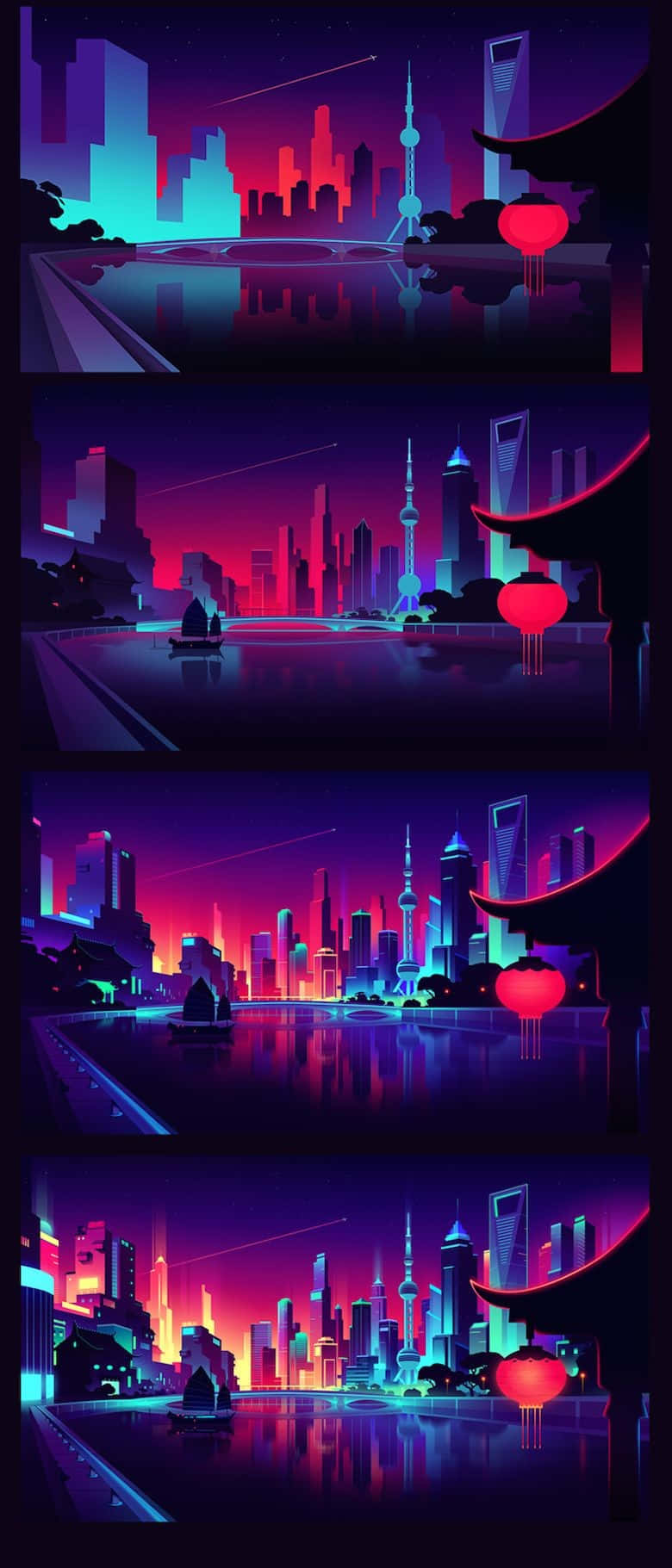Game Design 桌布 壁紙 — 充滿活力的霓虹燈城市夜景，發光的摩天大樓倒映在水中，漂浮的紅色燈籠。