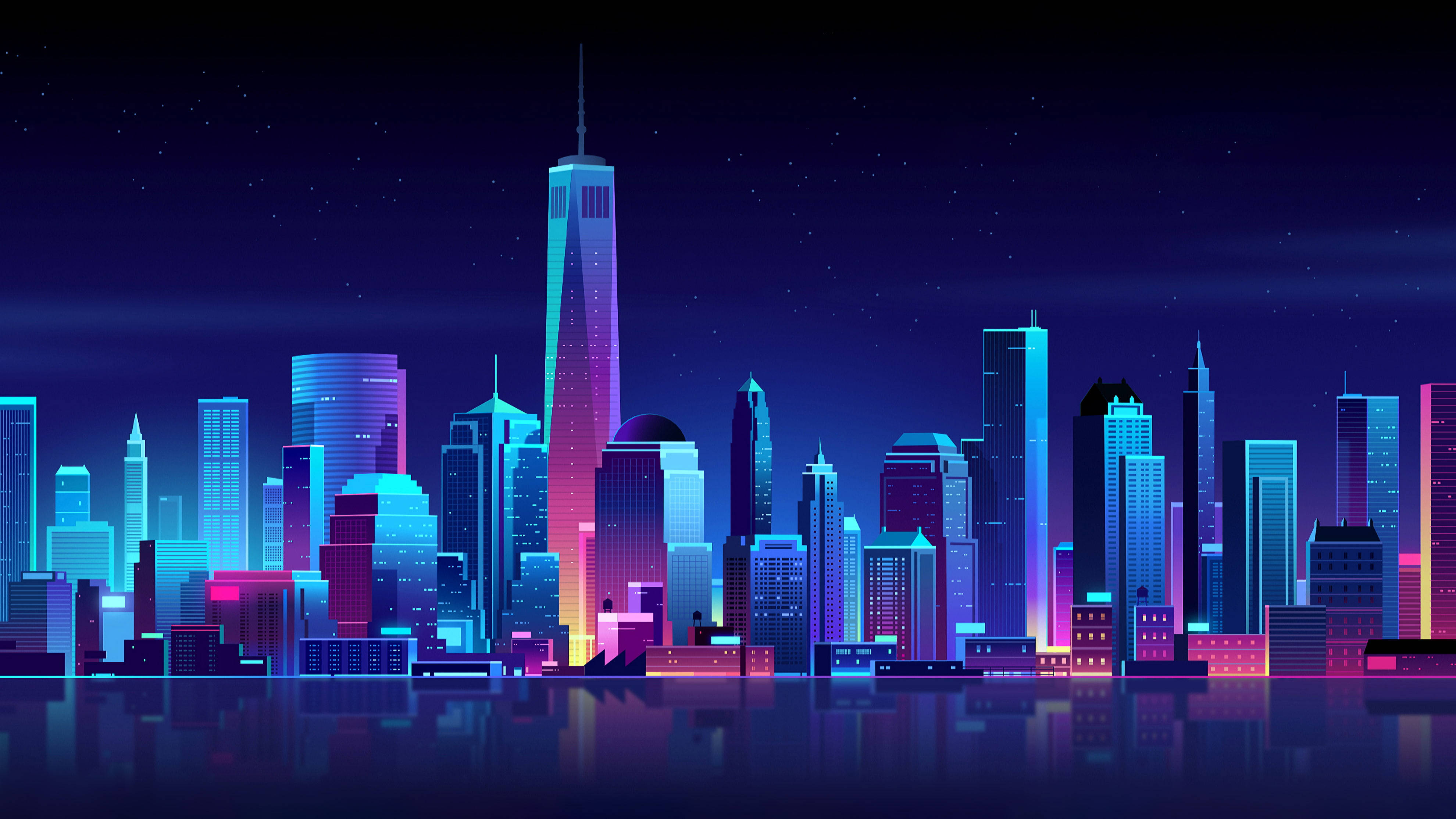 new york 4K 桌布 壁紙 — 充滿活力的霓虹燈城市天際線夜景，閃爍的摩天大樓倒映在星空下的水面上。