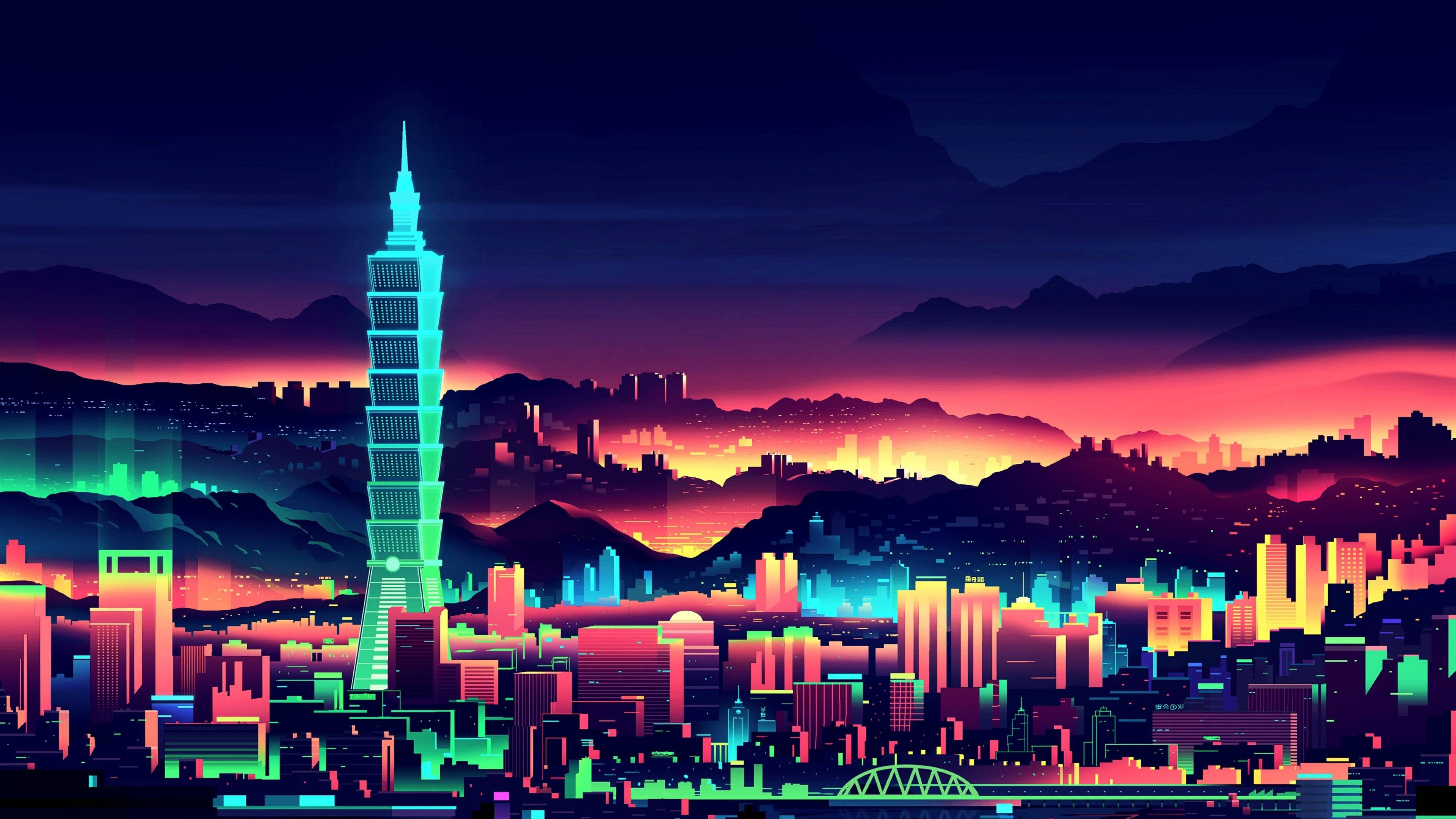 4K 桌布 壁紙 — 充滿活力的霓虹燈城市景觀，在黃昏時分，發光的台北101塔映襯著紫橙色天空和山脈輪廓。