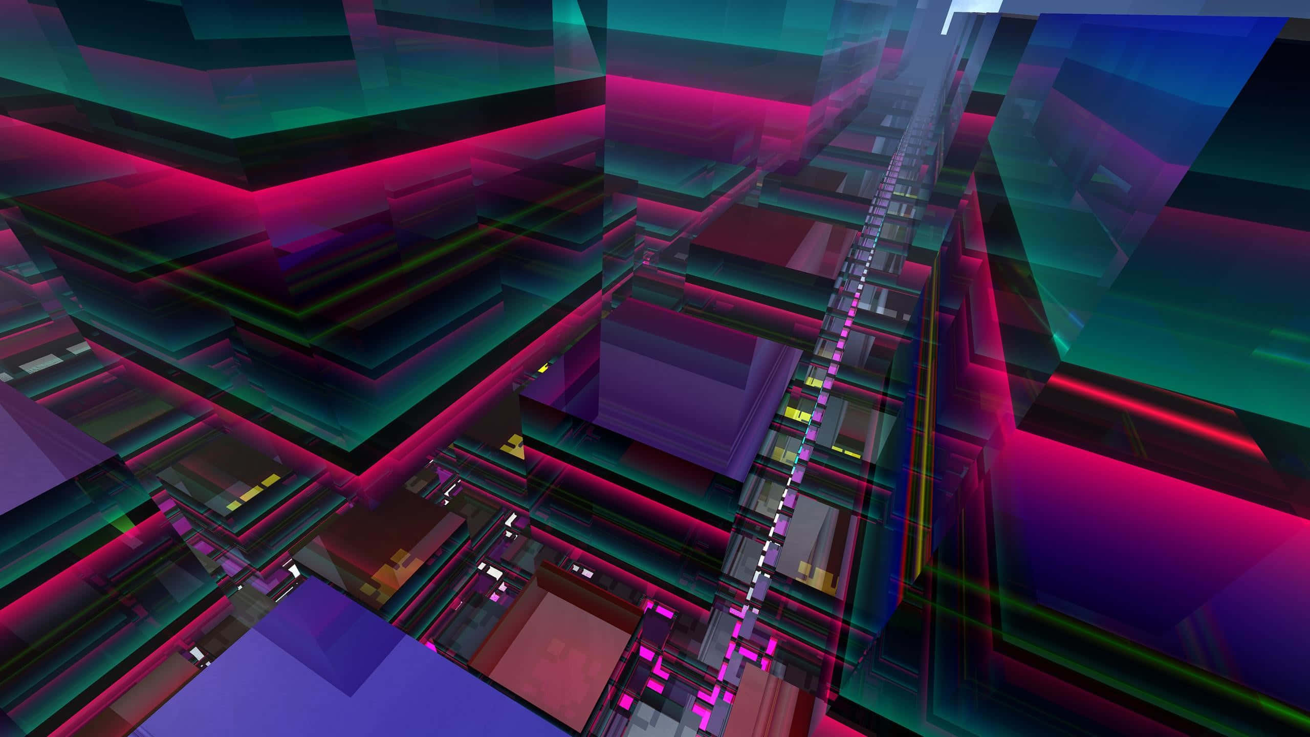 Trippy 3d Art 桌布 壁紙 — 充滿活力的霓虹燈抽象幾何結構，帶有發光的洋紅色和藍綠色邊緣，營造出未來感的數字隧道效果。