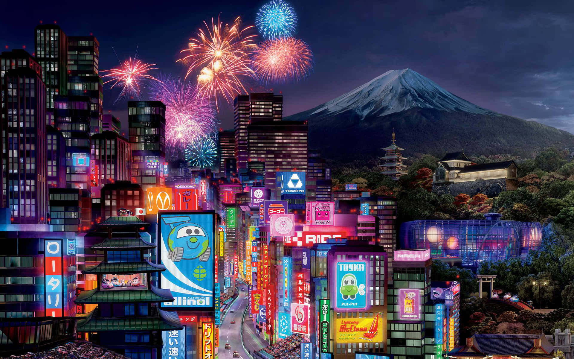 東京 桌布 壁紙 — 充滿活力的霓虹燈東京天際線夜景，煙火在富士山和傳統建築上空綻放。