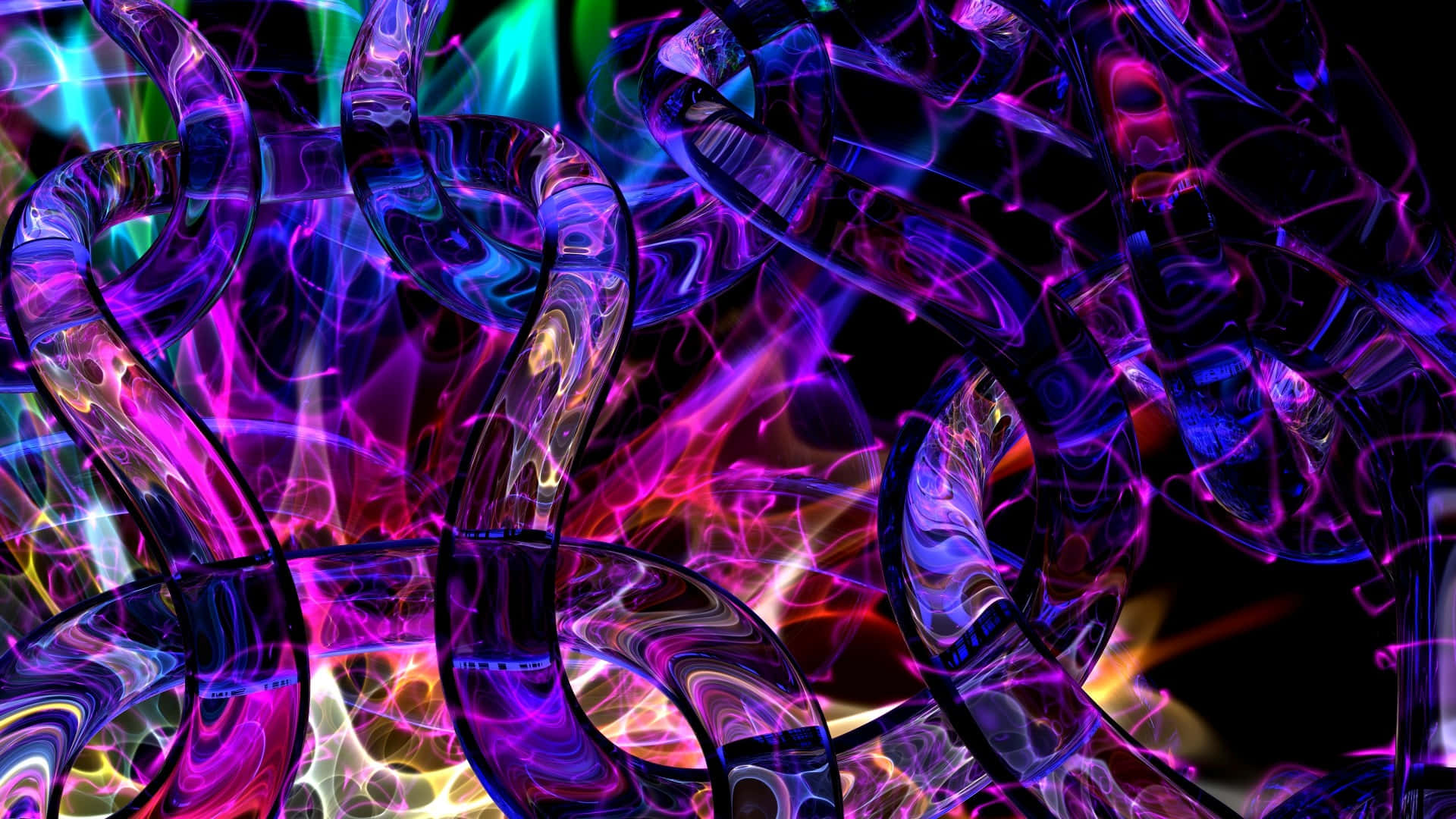 Trippy 3d Art 桌布 壁紙 — 充滿活力的霓虹燈管在黑暗背景下扭曲並發出電光紫、藍和粉紅色的光芒。