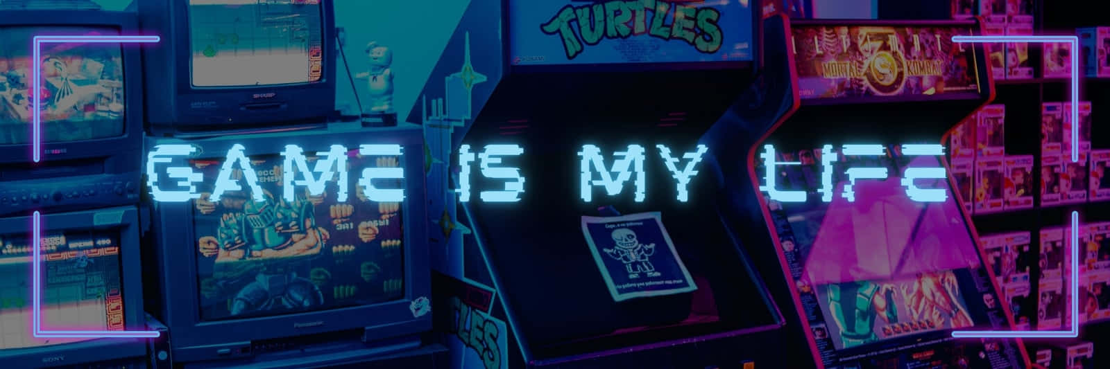  壁紙 — 充滿活力的霓虹燈街機在醒目的像素化「GAME IS MY LIFE」標誌下散發著復古遊戲的懷舊氣息。