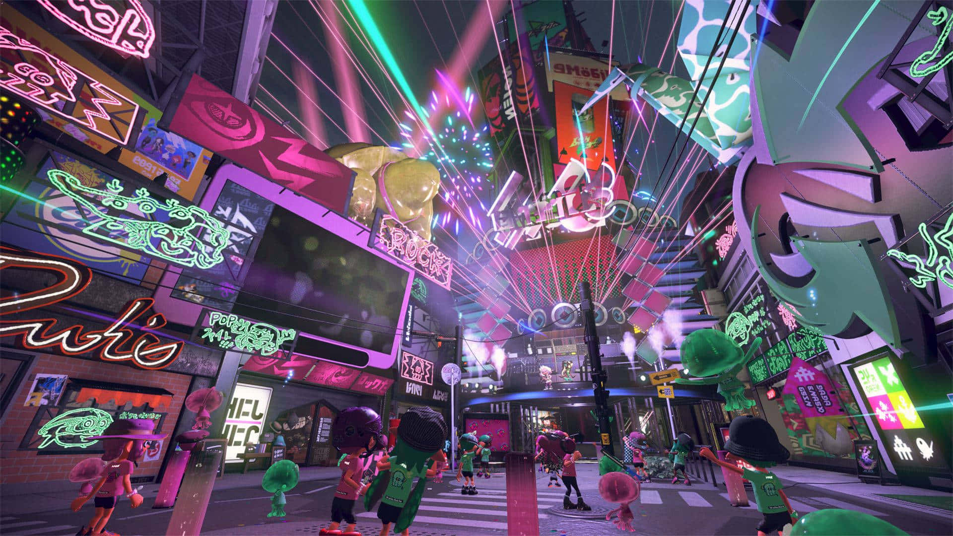 splatoon 桌布 壁紙 — 充滿活力的霓虹燈街道夜景，卡通人物置身於繁華的未來城市景觀中。