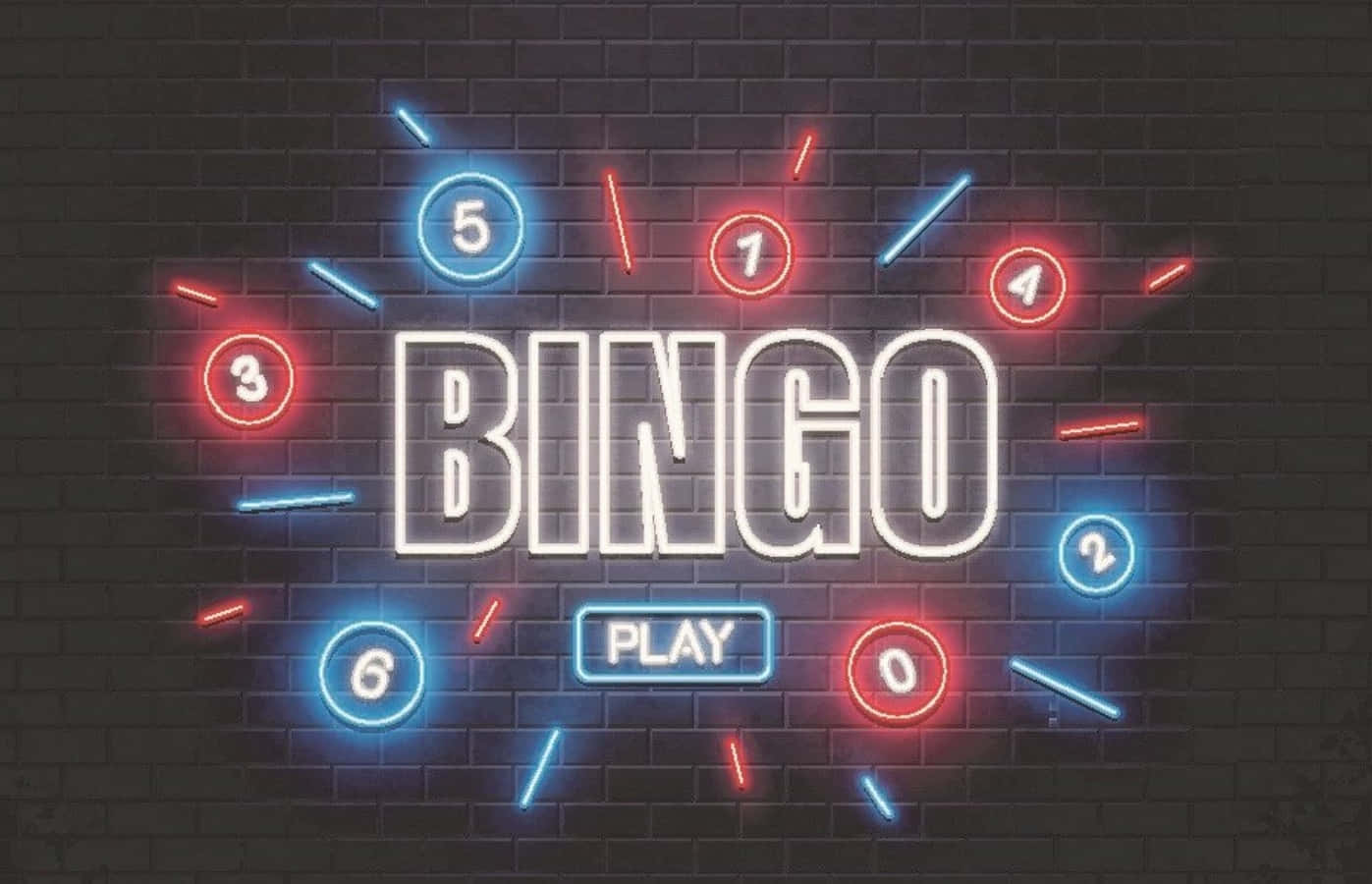 Bingo 桌布 壁紙 — 充滿活力的霓虹燈賓果標誌，在深色磚牆上帶有發光數字和播放按鈕。