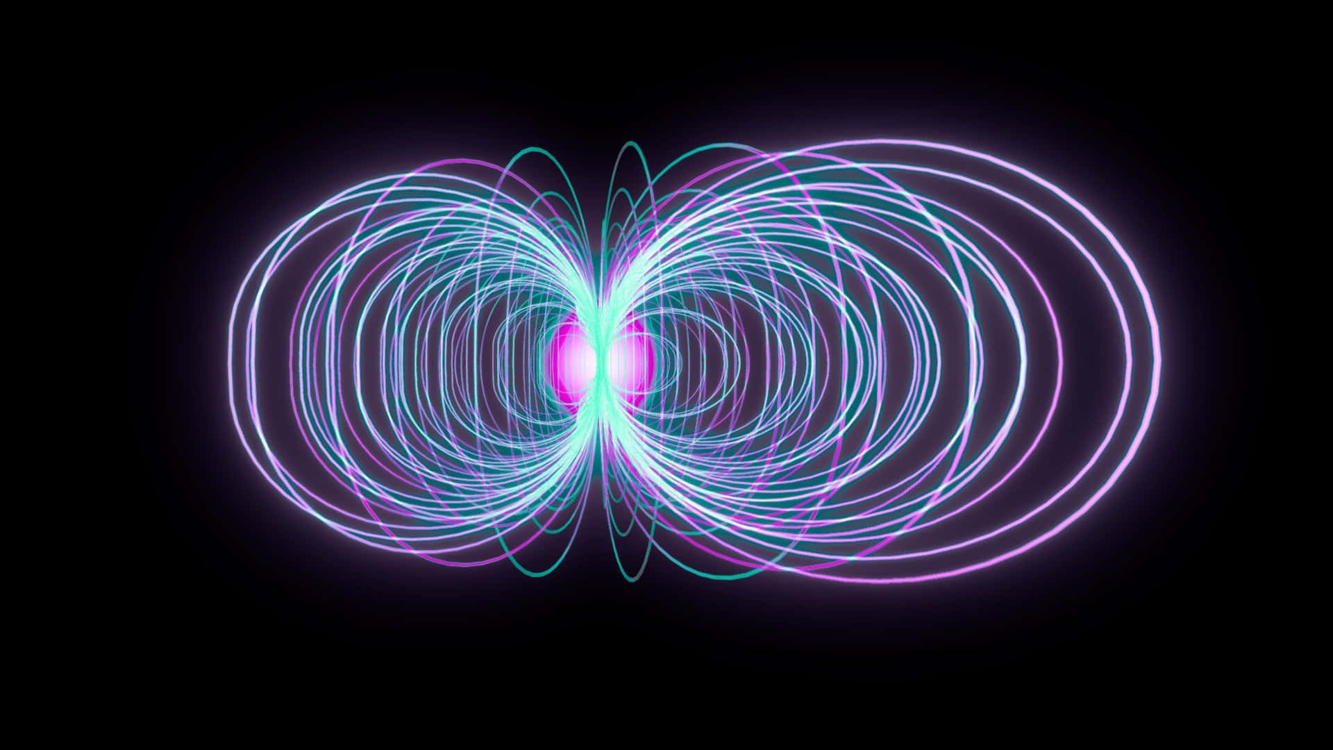 Magnetic Field 桌布 壁紙 — 充滿活力的霓虹磁場線在黑色虛空中圍繞發光的粉紅色核心形成對稱的漩渦環。