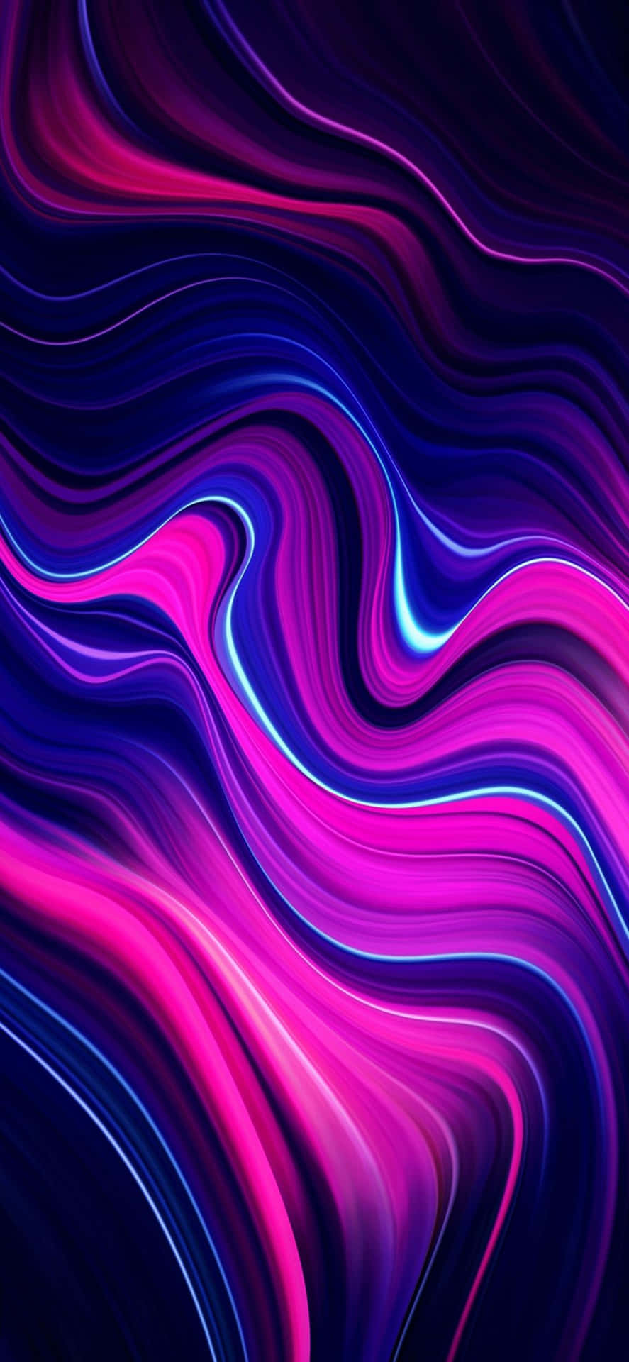iPhone 11 Pro 桌布 壁紙 — 充滿活力的霓虹粉紅和電光藍波浪在深邃的宇宙紫色背景上動態流動。