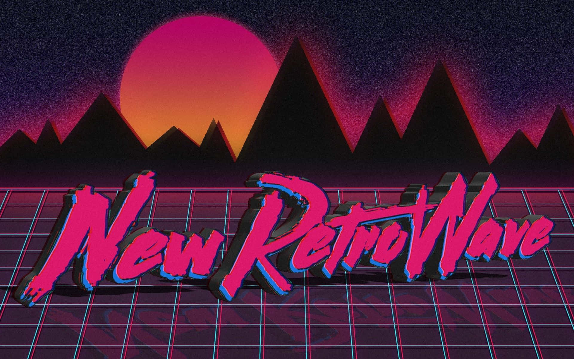 90's Vintage Retro Aesthetic 桌布 壁紙 — 充滿活力的霓虹粉紅色文字「New Retro Wave」在網格上發光，背景是鋸齒狀山脈上的日落。