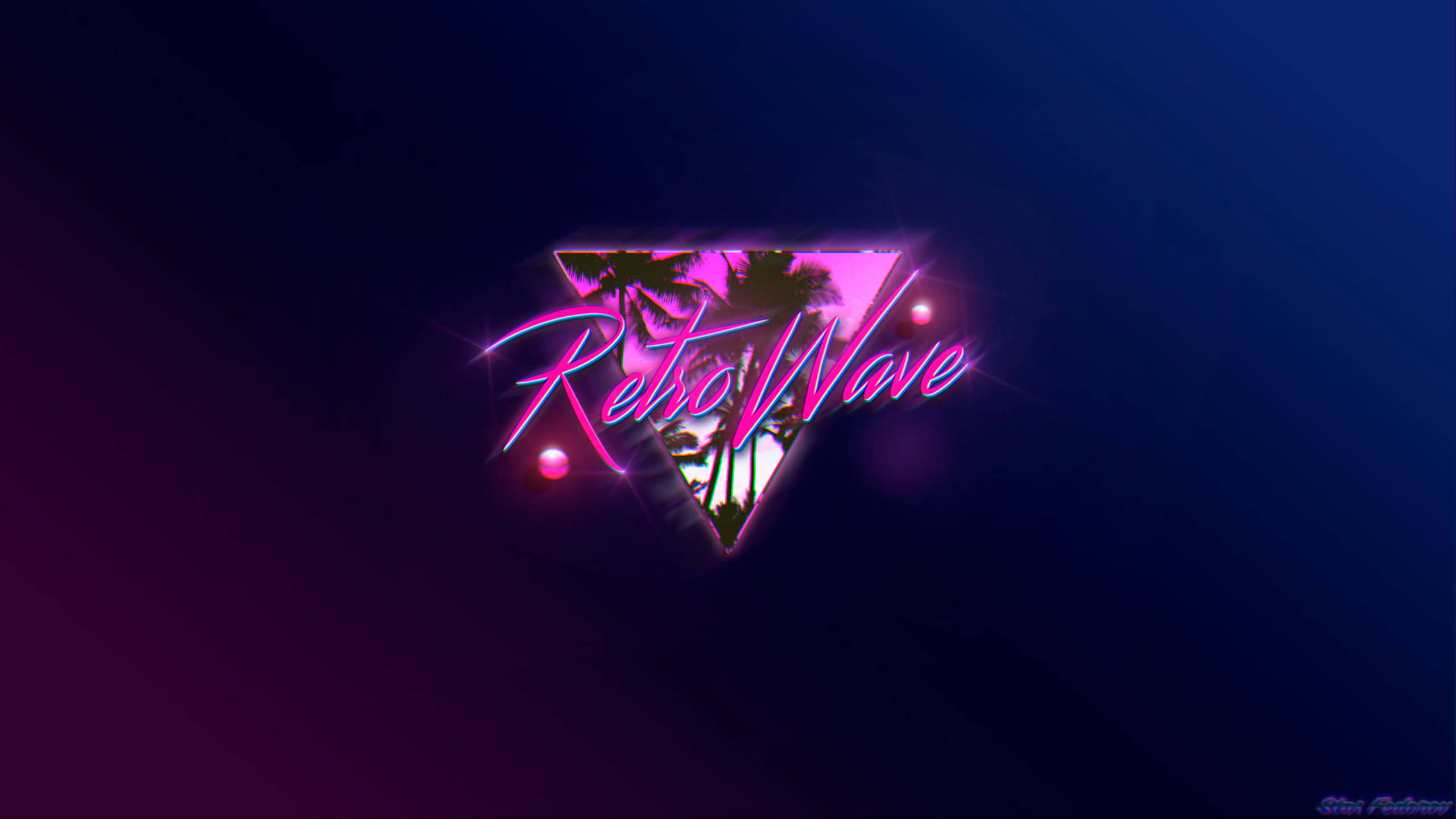 tumblr 文青風格 桌布 壁紙 — 充滿活力的霓虹粉紅色文字「Retro Wave」在一個三角形內發光，三角形框住棕櫚樹，背景為深色漸變。