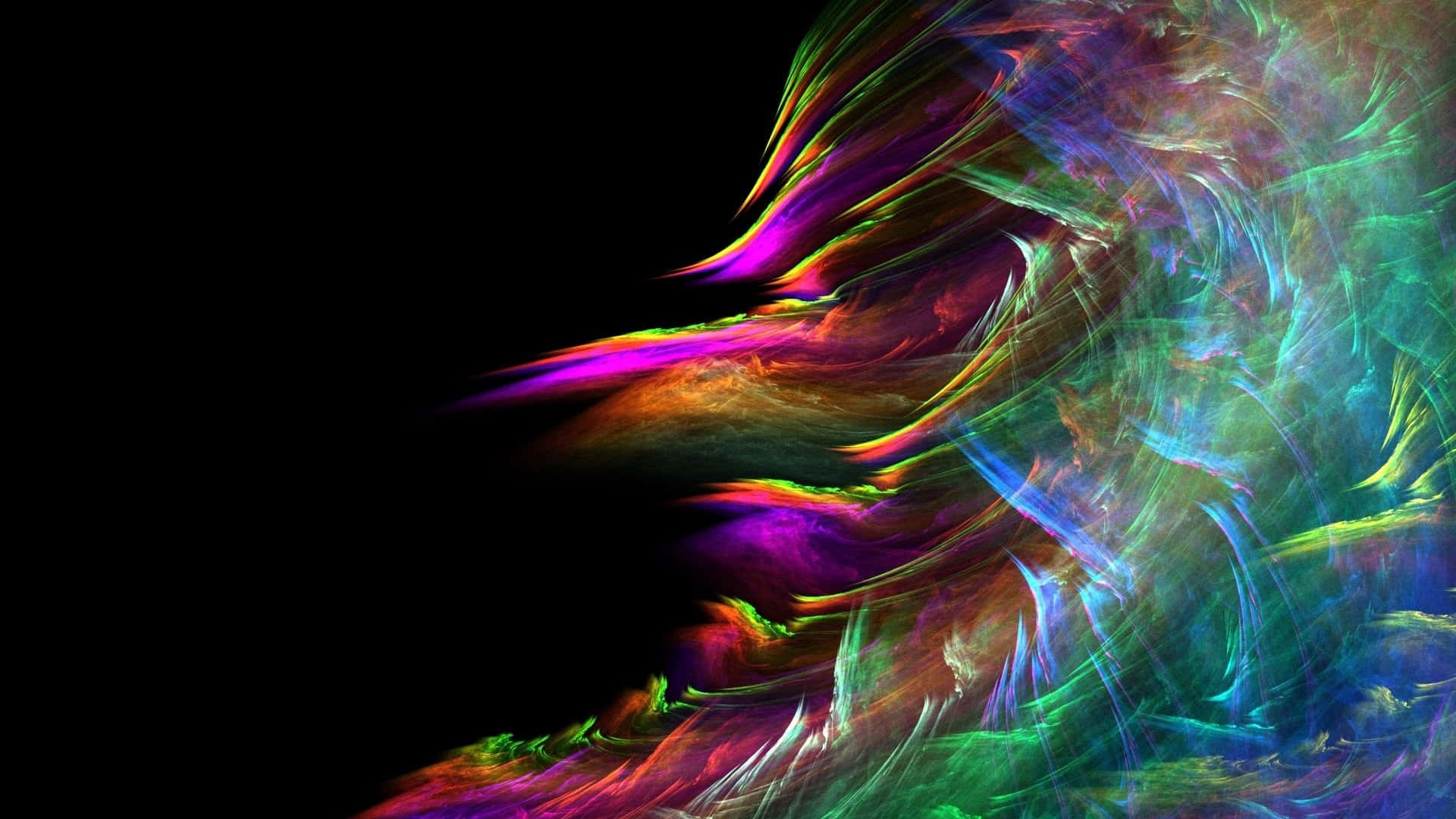 Beautiful Abstract 桌布 壁紙 — 充滿活力的霓虹紫、綠和藍色分形卷鬚在漆黑的虛空中動態旋轉。