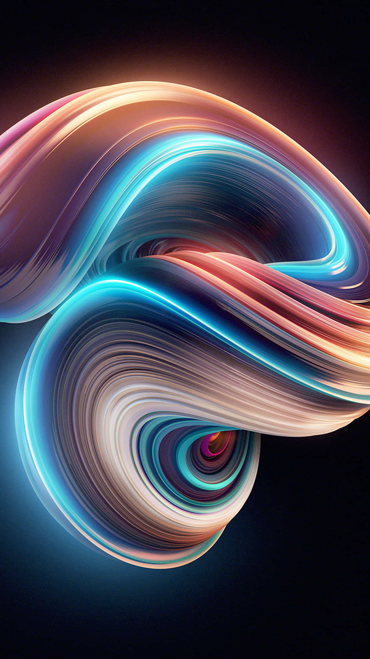 3d Abstract 桌布 壁紙 — 充滿活力的霓虹絲帶在黑暗虛空中以催眠般的動作旋轉，形成動態的數位漩渦。