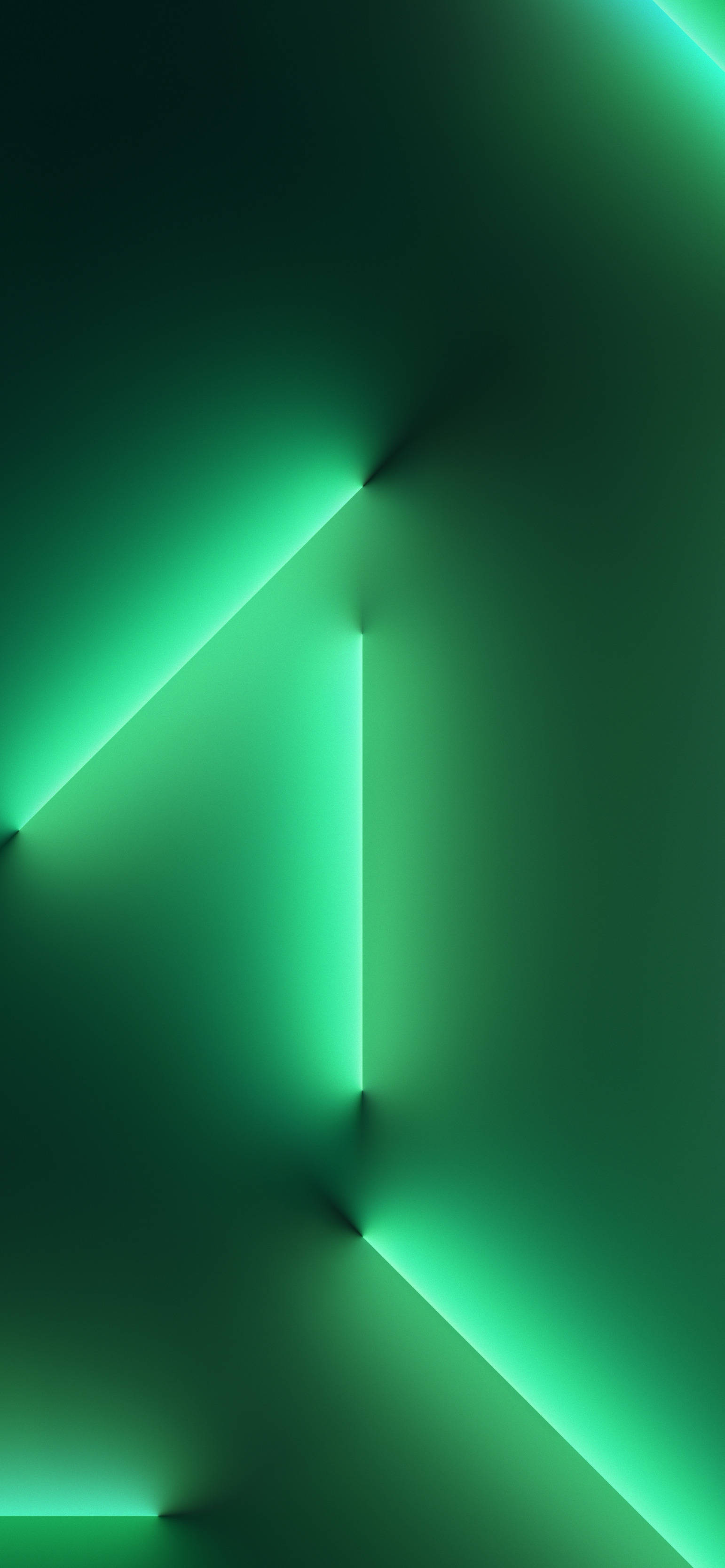 Green iPhone 桌布 壁紙 — 充滿活力的霓虹綠色光束在深色漸變背景上以銳角相交，營造出未來主義的光芒。