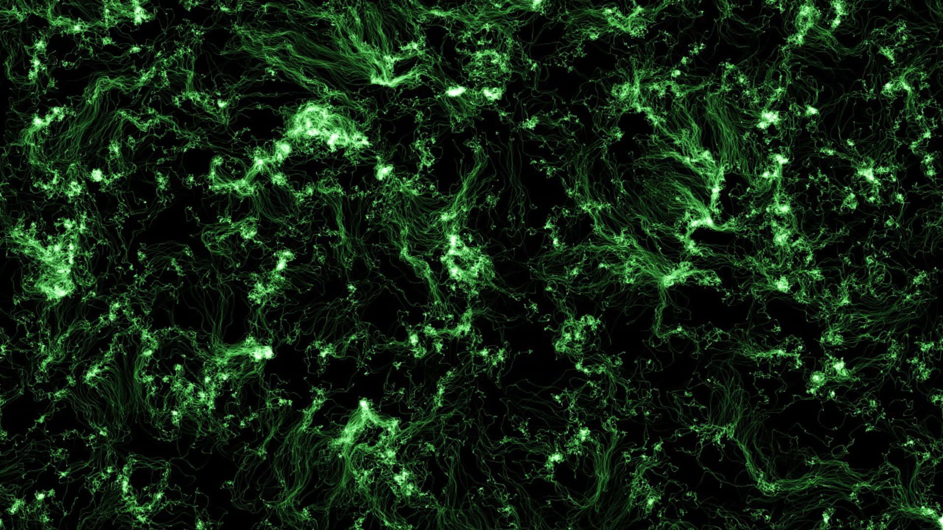 Dark Abstract Art 桌布 壁紙 — 充滿活力的霓虹綠色分形圖案在深黑色背景上旋轉，形成迷人的數碼抽象設計。
