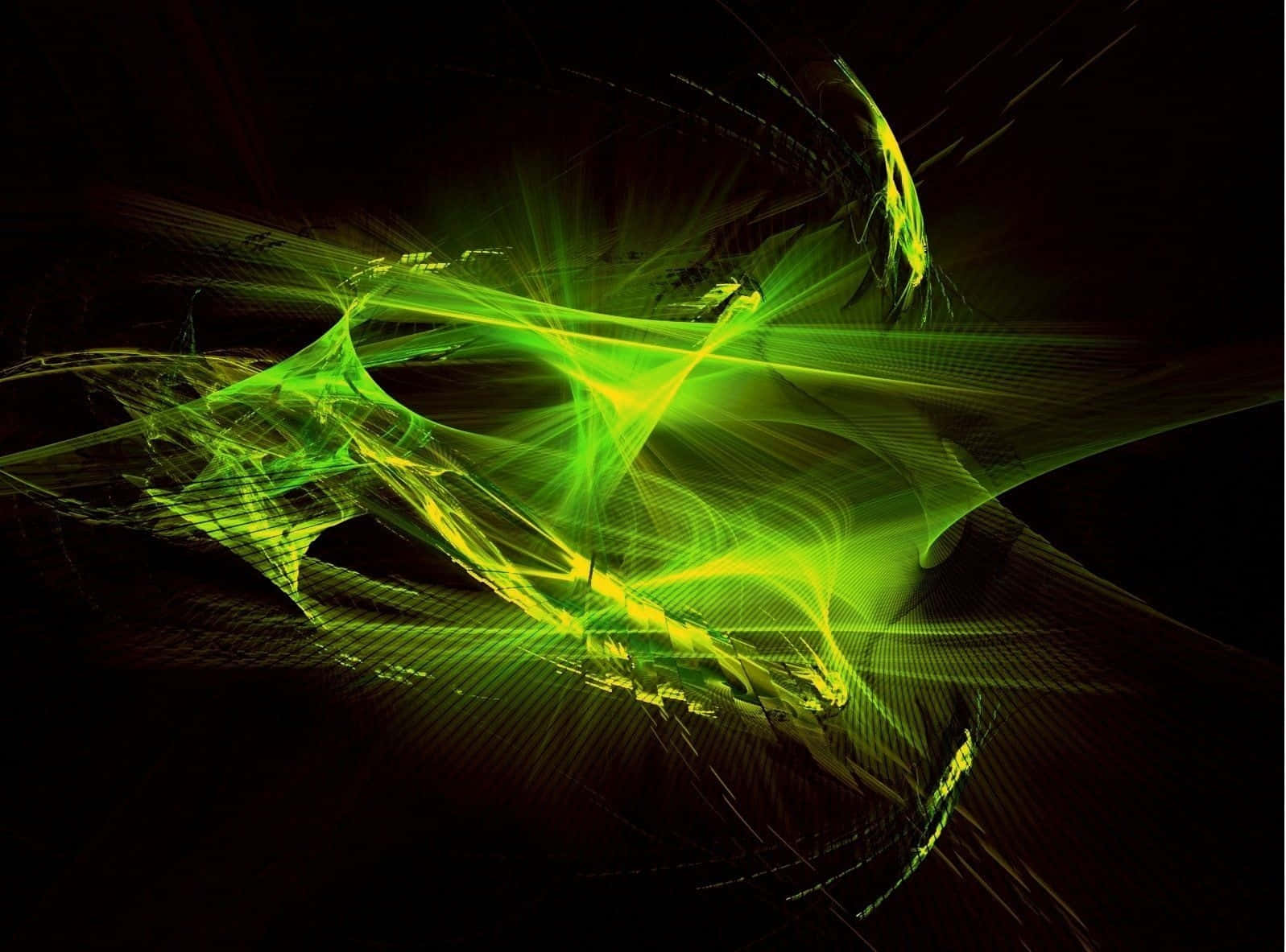 Neon Lights 桌布 壁紙 — 充滿活力的霓虹綠色分形能量流在深邃的黑色虛空中動態爆發，形成數位抽象構圖。