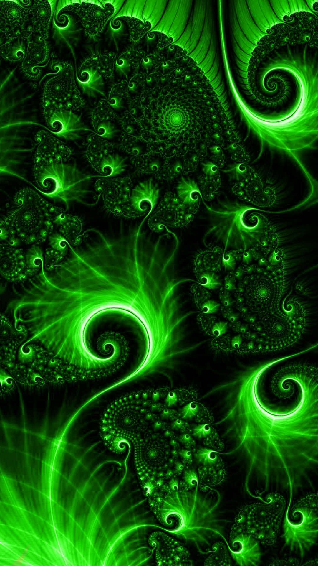 Green Phone 桌布 壁紙 — 充滿活力的霓虹綠色分形螺旋在黑暗背景上發光，呈現出複雜的數位藝術作品。