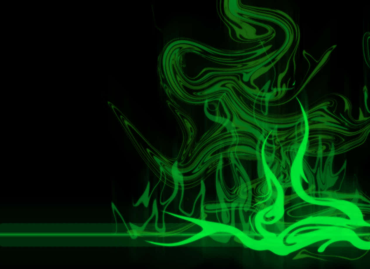 Green Smoke 桌布 壁紙 — 充滿活力的霓虹綠色抽象火焰在漆黑的背景上動態旋轉，並帶有一條發光的水平線。