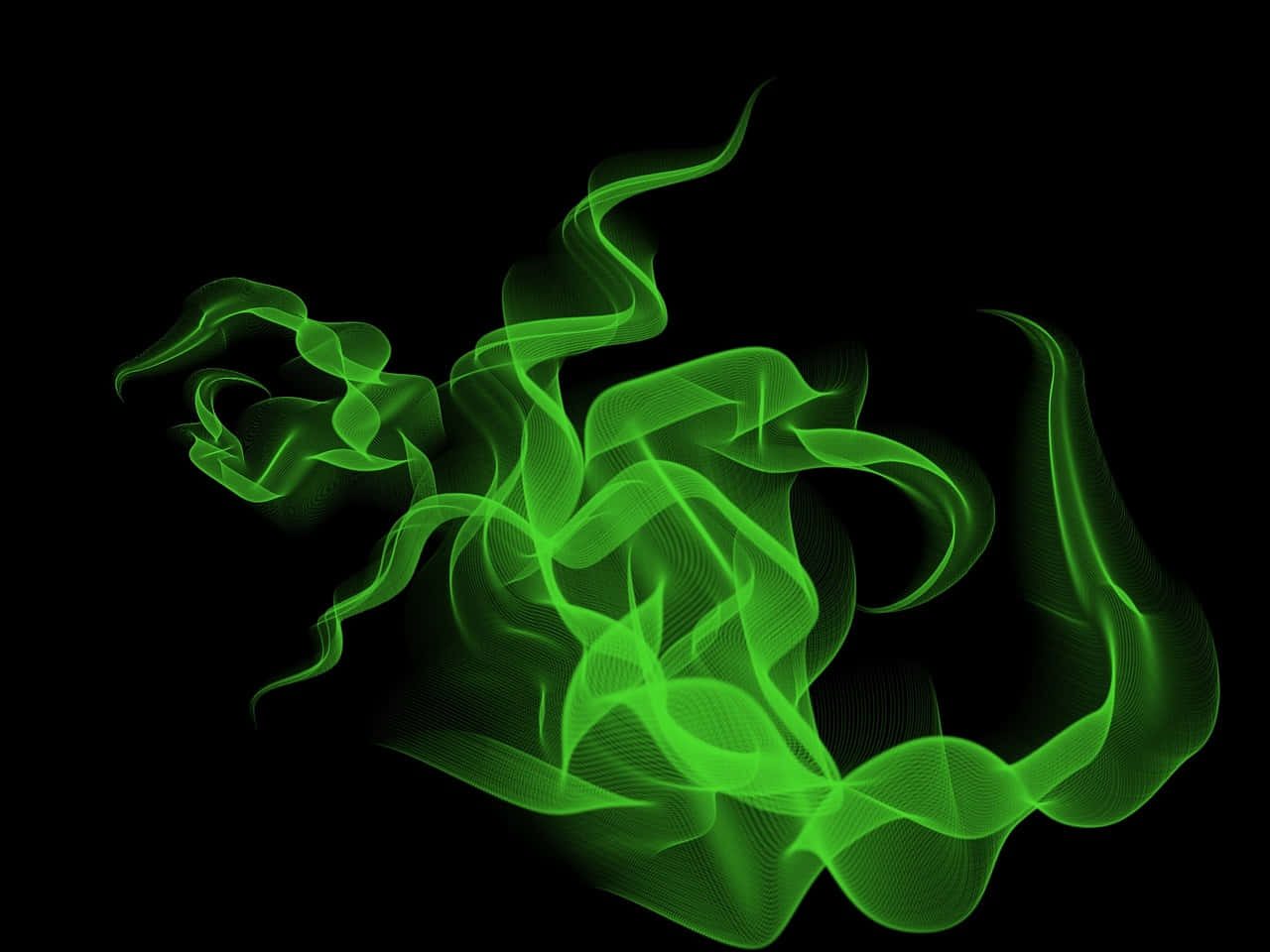 Green Smoke 桌布 壁紙 — 充滿活力的霓虹綠色數碼煙霧在純黑色背景上動態旋轉。