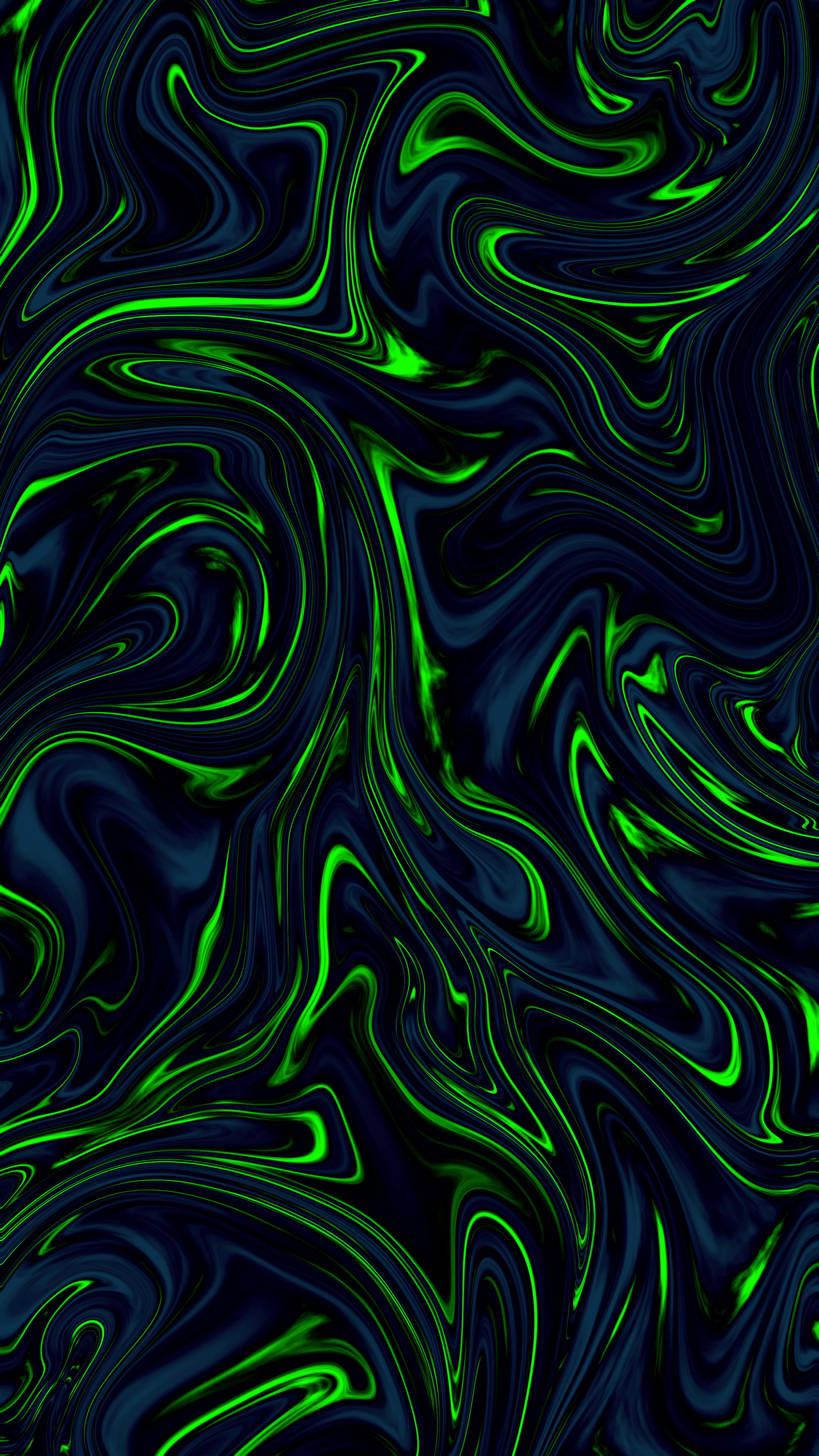 Liquid 桌布 壁紙 — 充滿活力的霓虹綠色液體漩渦在深海軍藍背景下動態流動，形成迷人的抽象圖案。