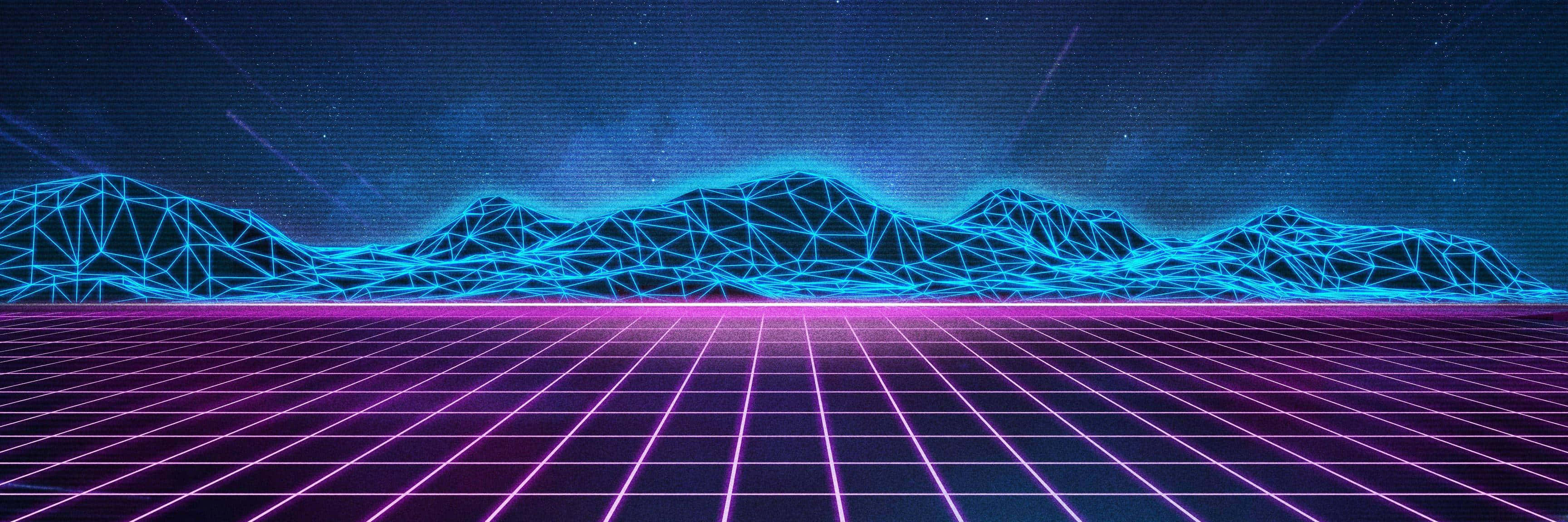 80s Retro 桌布 壁紙 — 充滿活力的霓虹網格地板延伸向在星空數位天空下發光的藍色幾何山脈。