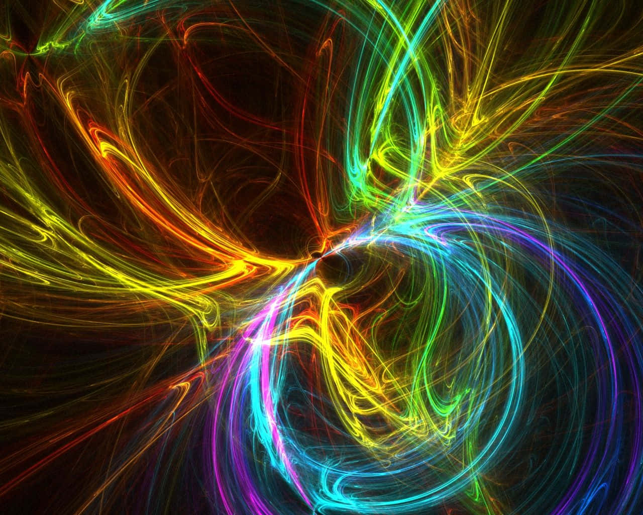 Beautiful Abstract 桌布 壁紙 — 充滿活力的霓虹能量流在黑暗虛空中旋轉，形成宇宙之舞，創造出迷人的數位抽象奇觀。