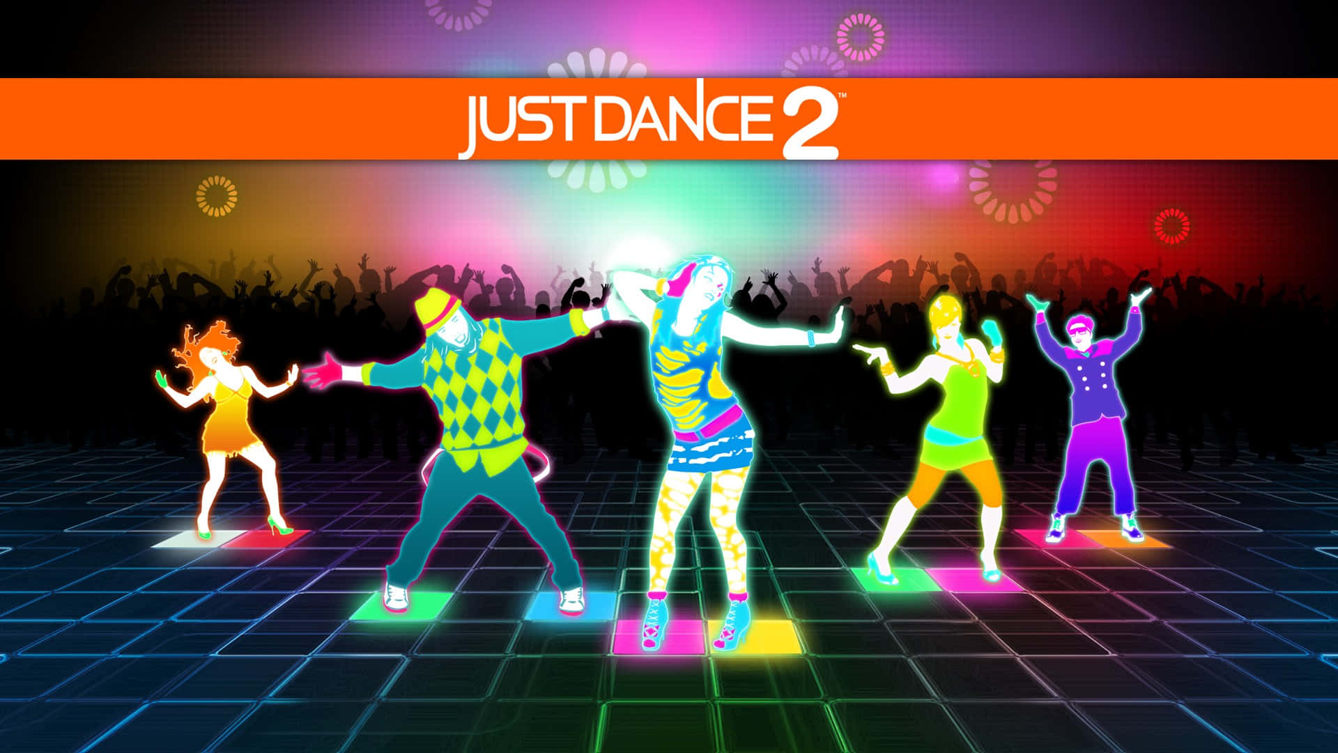 Just Dance 桌布 壁紙 — 充滿活力的霓虹舞者在發光的網格舞台上擺出動感姿勢，背景是色彩繽紛的「Just Dance 2」橫幅。