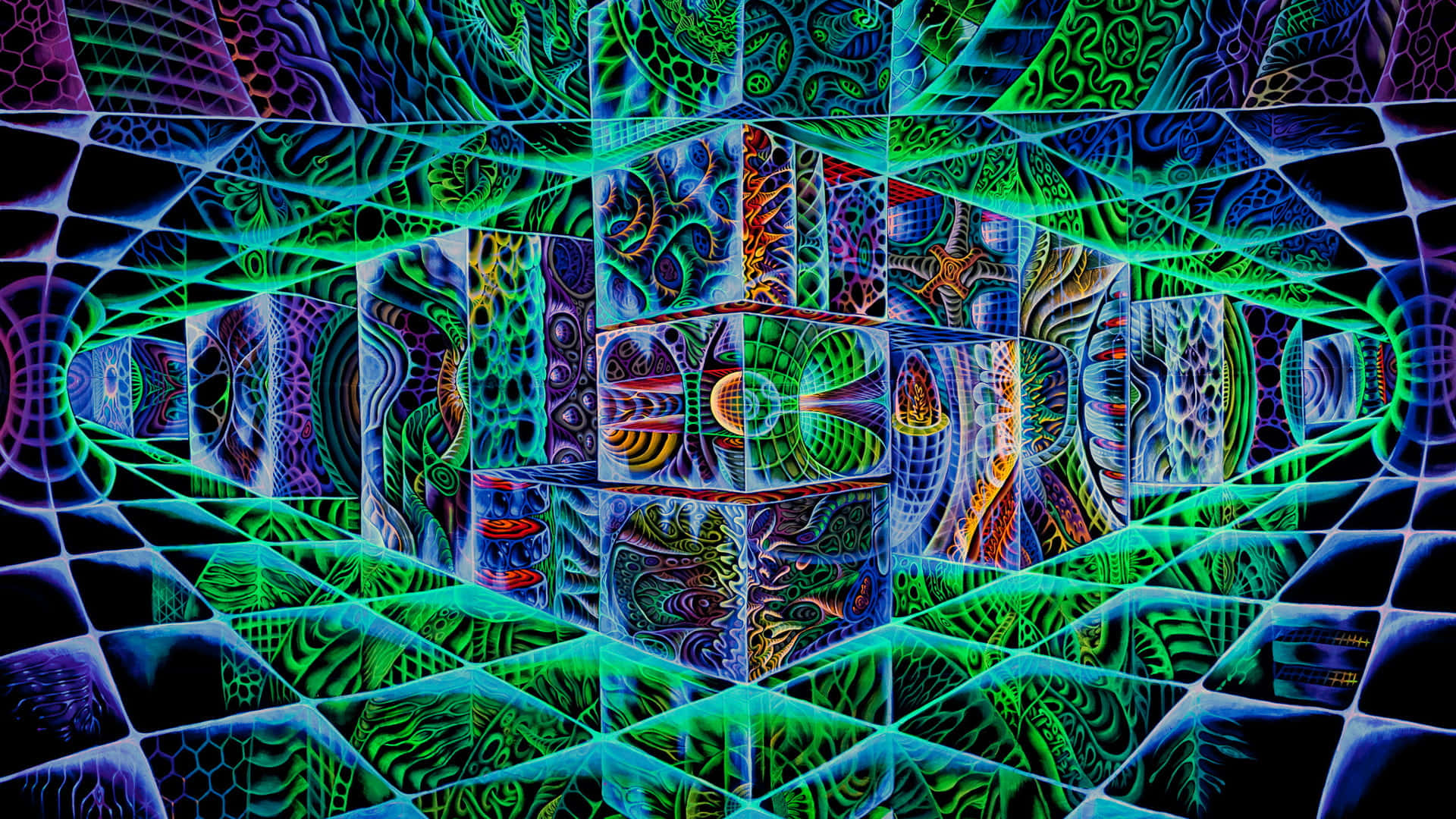 Trippy Art 桌布 壁紙 — 充滿活力的霓虹色碎形圖案在由立方體和發光線條組成的幾何隧道中發光。