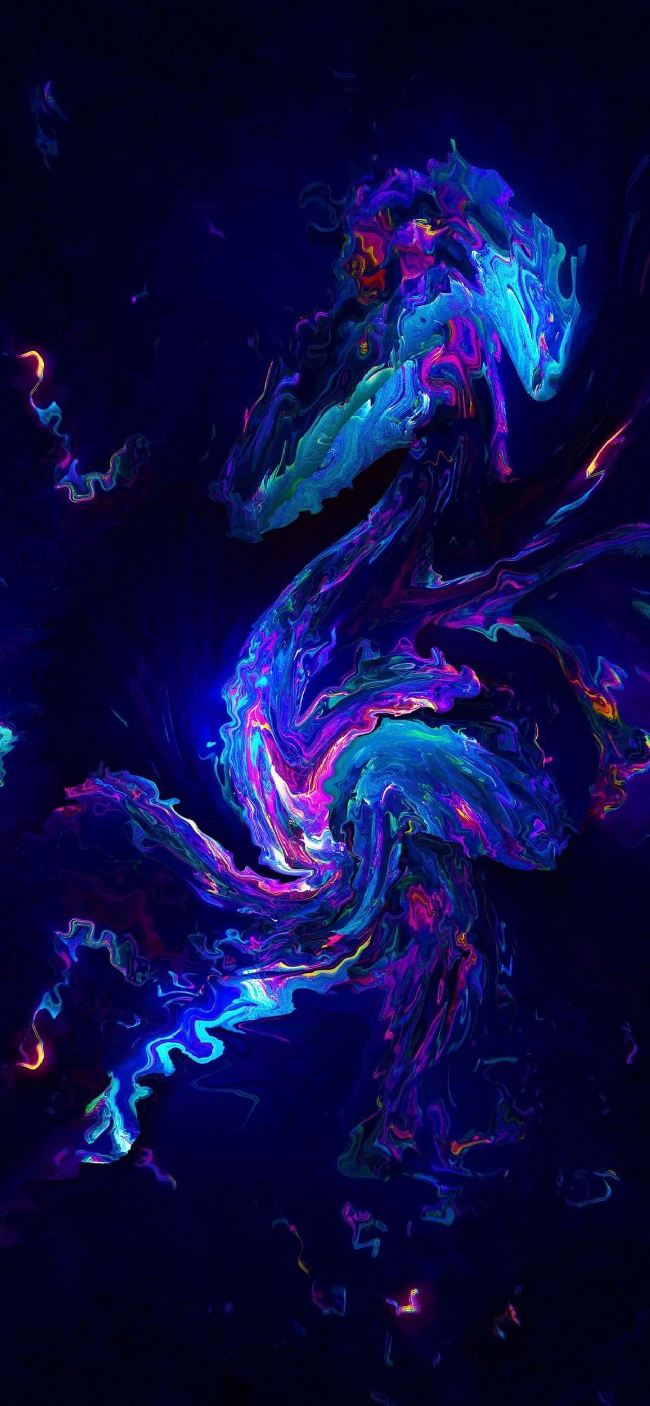 型格 iPhone 壁紙 桌布 壁紙 — 充滿活力的霓虹藍、紫和粉紅色液體漩渦在深黑色背景上動態流動。