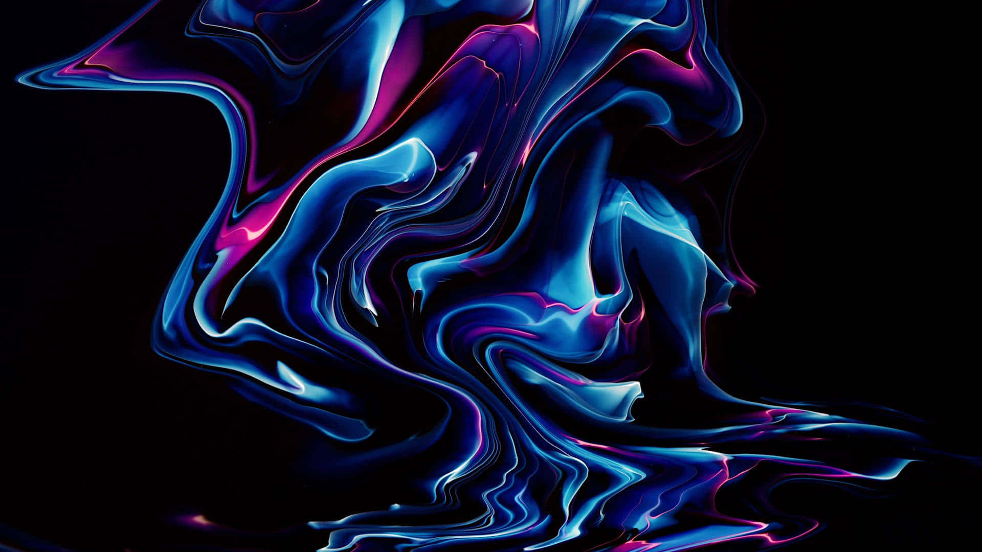 Interactive 桌布 壁紙 — 充滿活力的霓虹藍色和洋紅色液體漩渦在深黑色背景上動態流動。