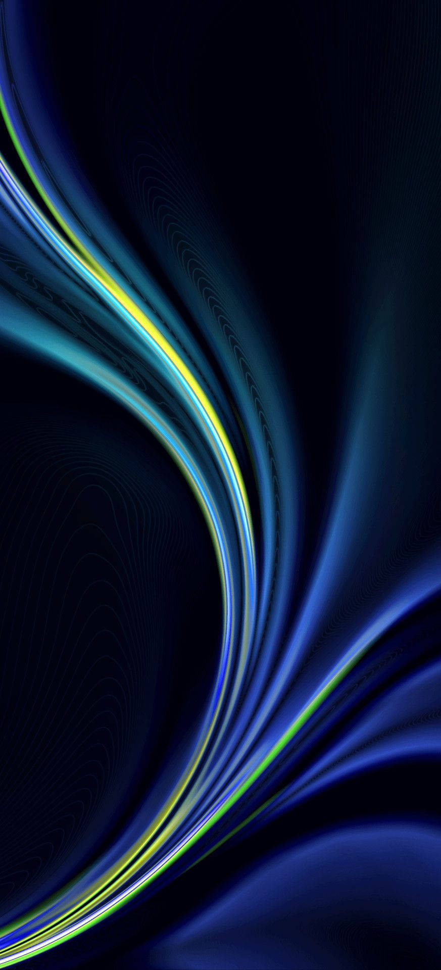 Screen 桌布 壁紙 — 充滿活力的霓虹藍色和黃色光線條在深黑色背景上動態流動，形成數位抽象設計。