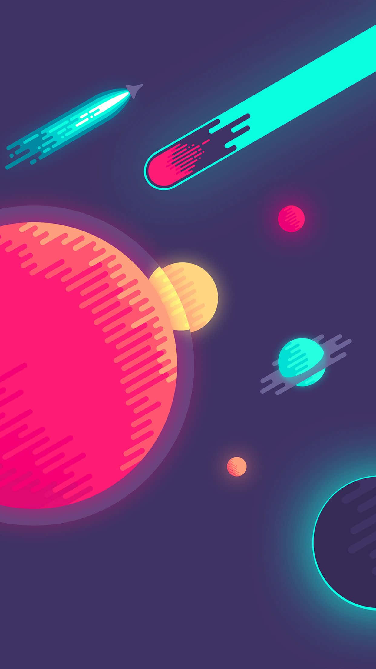 Minimal Art 桌布 壁紙 — 充滿活力的霓虹行星和劃過的彗星漂浮在深紫色的宇宙虛空中，帶有發光的幾何軌跡。