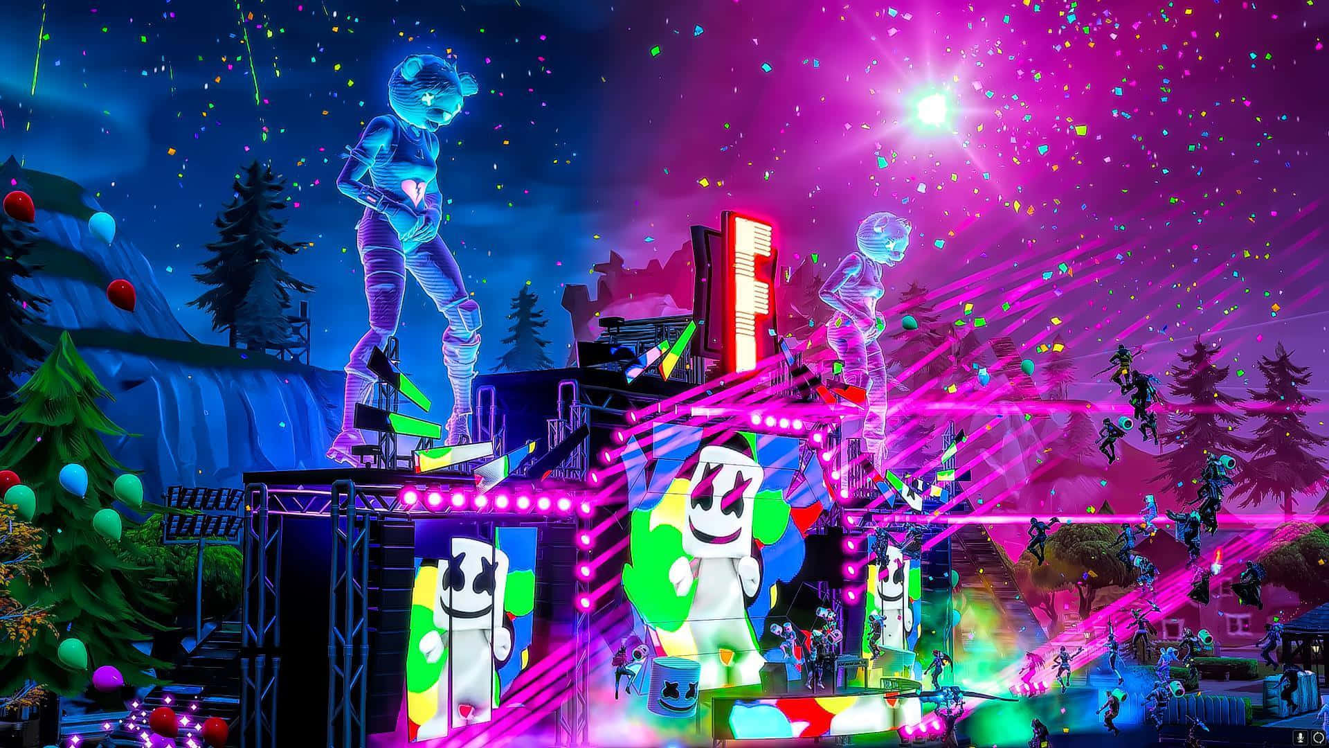 Marshmello 桌布 壁紙 — 充滿活力的霓虹音樂會舞台，發光的Marshmello人物和激光束，背景是星空夜空和松樹。