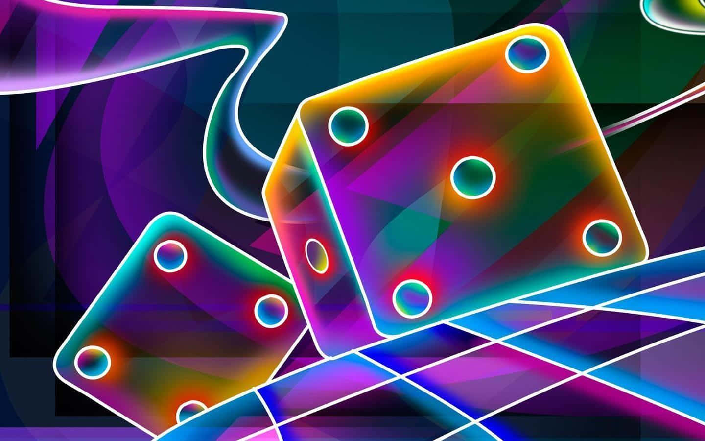 Trippy Neon Lights 桌布 壁紙 — 充滿活力的霓虹骰子帶有發光點，在深色漸變背景上漂浮於幾何網格之上。