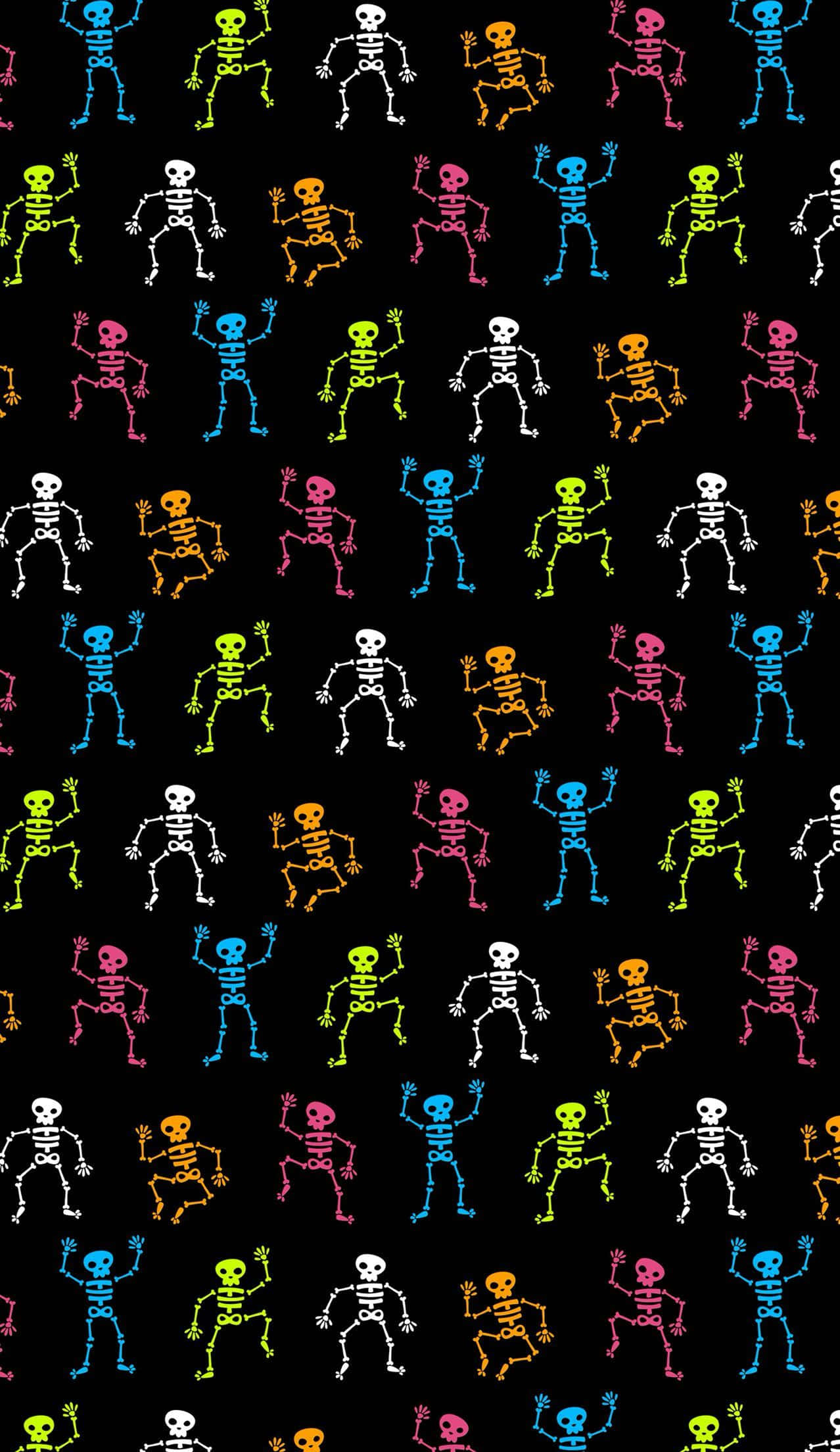 Halloween Skeleton 桌布 壁紙 — 充滿活力的霓虹骷髏以俏皮的姿勢在黑色背景上以重複圖案跳舞。