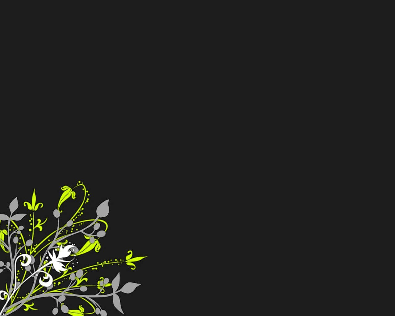 Simple Flower 桌布 壁紙 — 充滿活力的青檸綠色和銀色花卉漩渦點綴在純黑色背景的左下角。