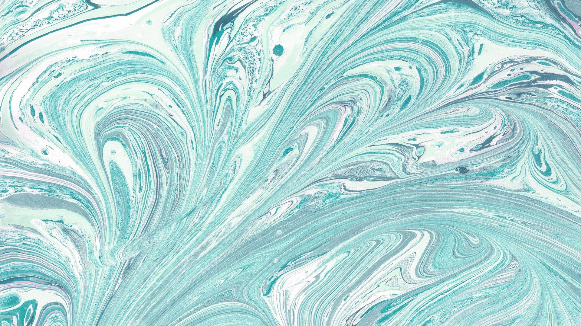 Marble Desktop 桌布 壁紙 — 充滿活力的青綠色、白色和灰色油漆漩渦圖案，創造出動態的抽象流體藝術構圖。