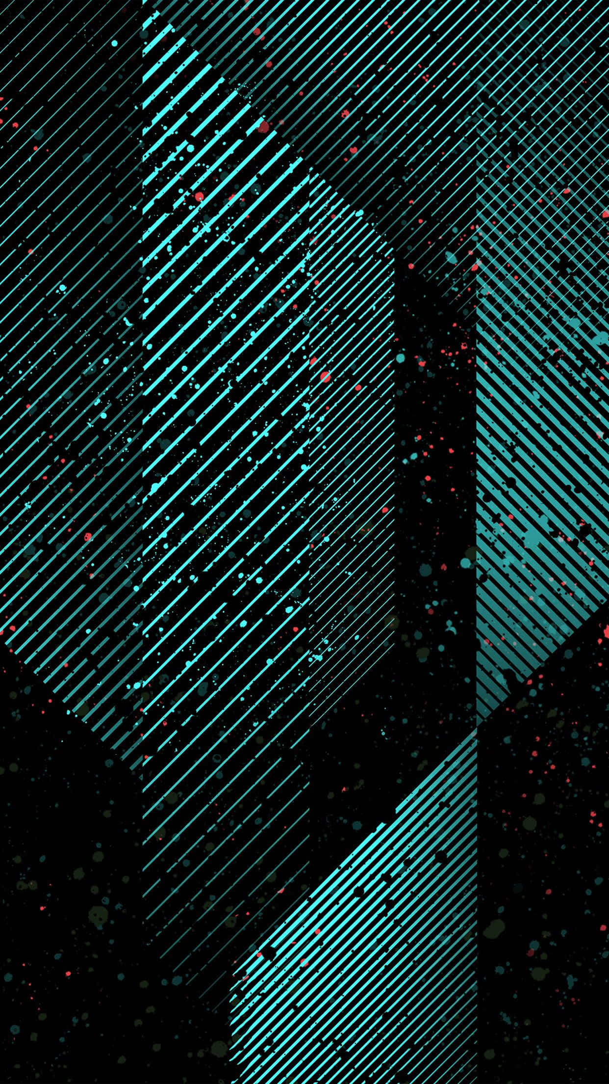 Minimalist Pattern 桌布 壁紙 — 充滿活力的青綠色對角線在黑色畫布上交錯，畫布上散佈著紅色和青綠色的顏料飛濺，營造出動態的抽象構圖。