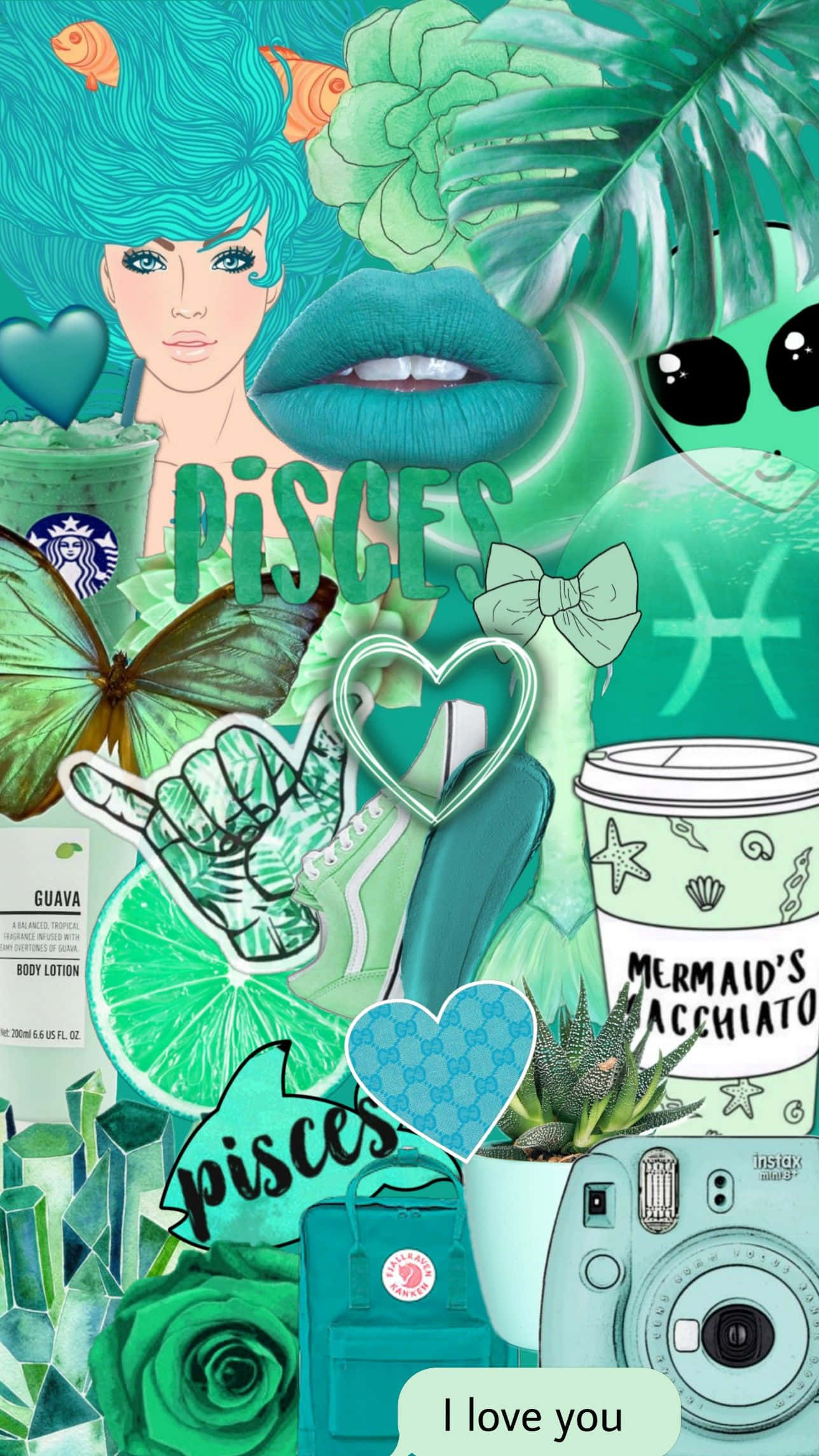 雙魚座 桌布 壁紙 — 充滿活力的青綠色拼貼畫，以美人魚為主題的元素、雙魚座星座符號和咖啡飲品，以俏皮的數碼藝術風格呈現。