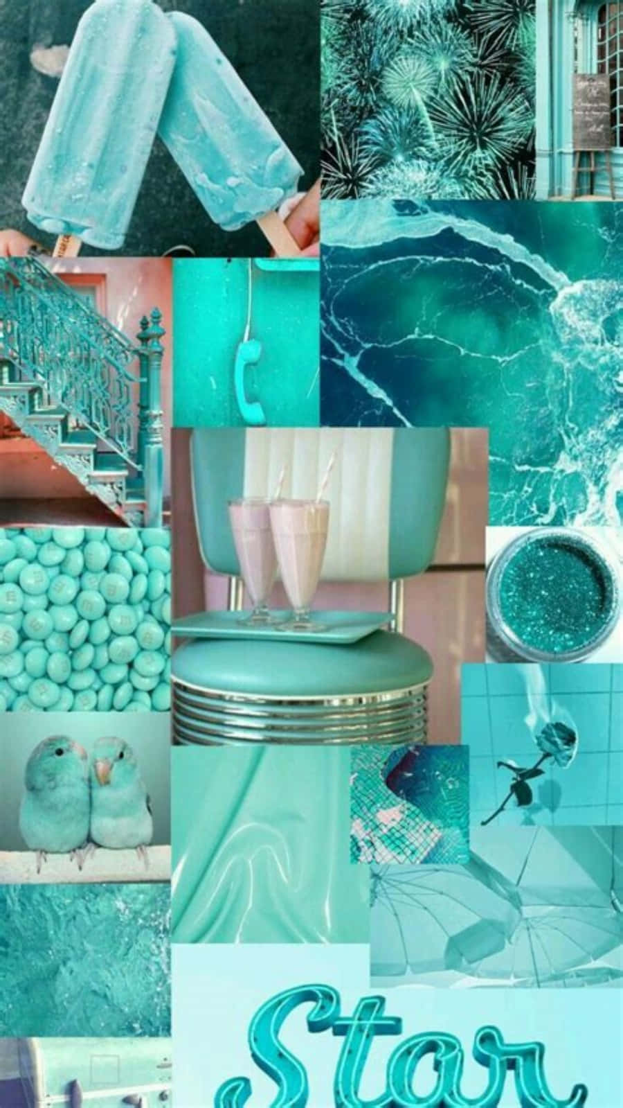 Pastel Blue Green 桌布 壁紙 — 充滿活力的青綠色拼貼畫，包含冰棒、煙火、樓梯、飲料、閃粉、鳥類和星星字樣。