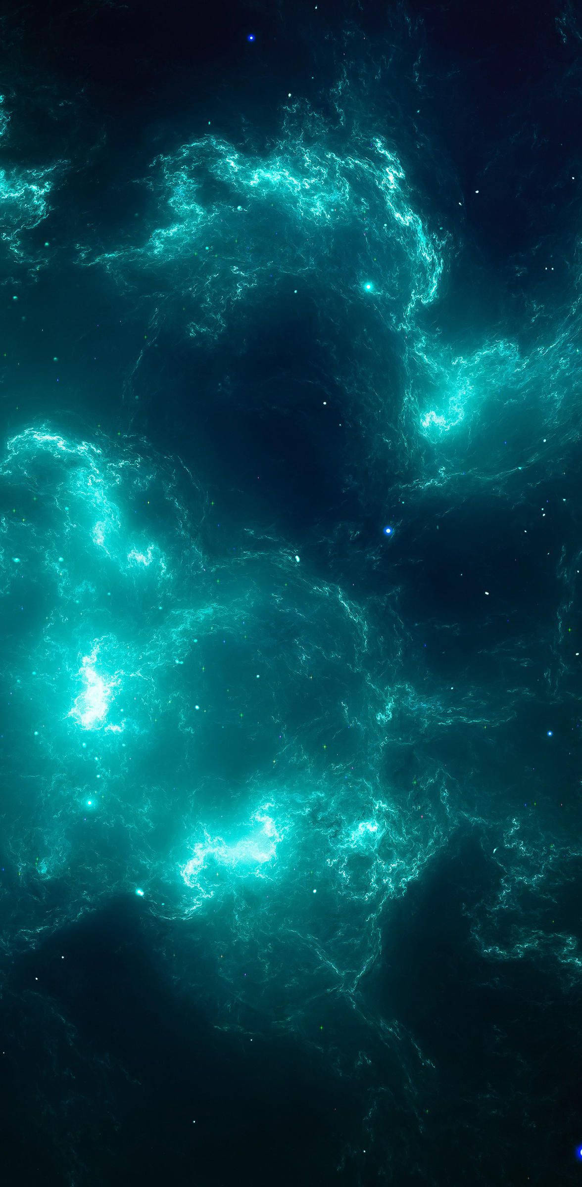 星雲 桌布 壁紙 — 充滿活力的青綠色星雲漩渦在深邃的宇宙虛空中閃耀，點綴著遙遠的星星。