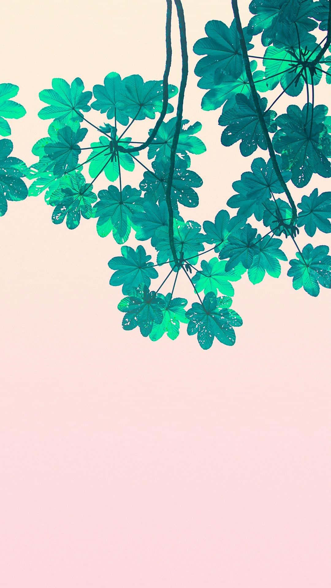 Pastel Minimalist 桌布 壁紙 — 充滿活力的青綠色葉子優雅地懸掛在柔和的粉紅色漸變天空前，形成一幅極簡的數位插畫。