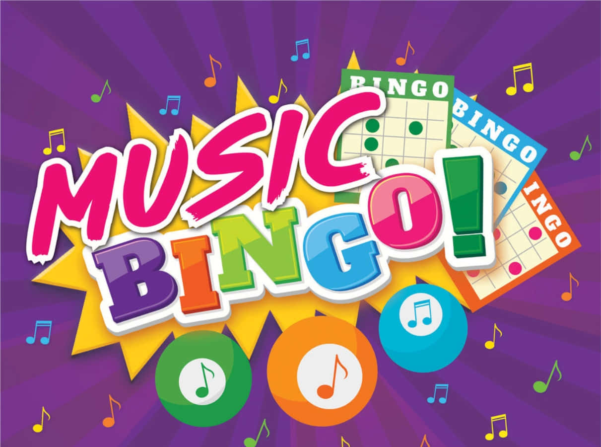 Bingo 桌布 壁紙 — 充滿活力的音樂賓果遊戲圖形，帶有彩色字母、漂浮的賓果卡和音符，背景為紫色放射狀。