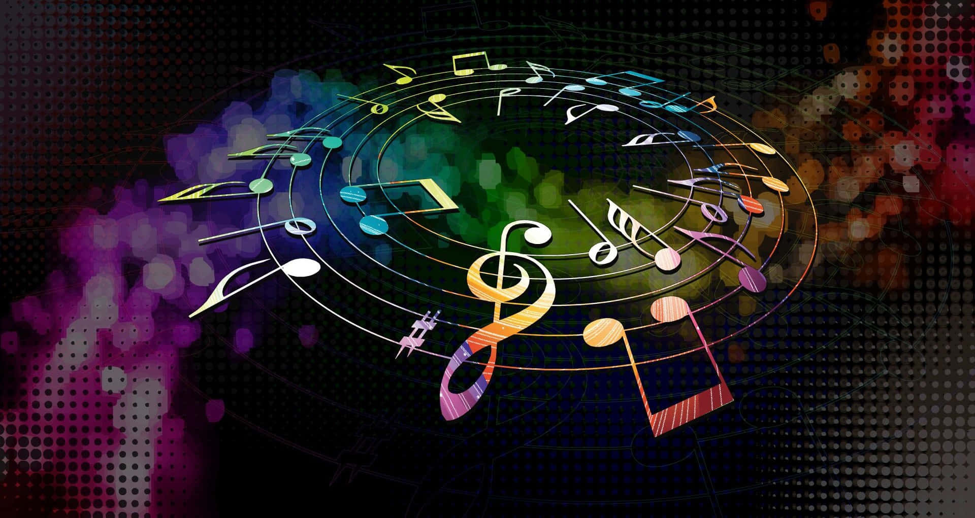 Musical 桌布 壁紙 — 充滿活力的音符在黑暗的點狀背景上，於發光的彩虹漩渦中旋轉。