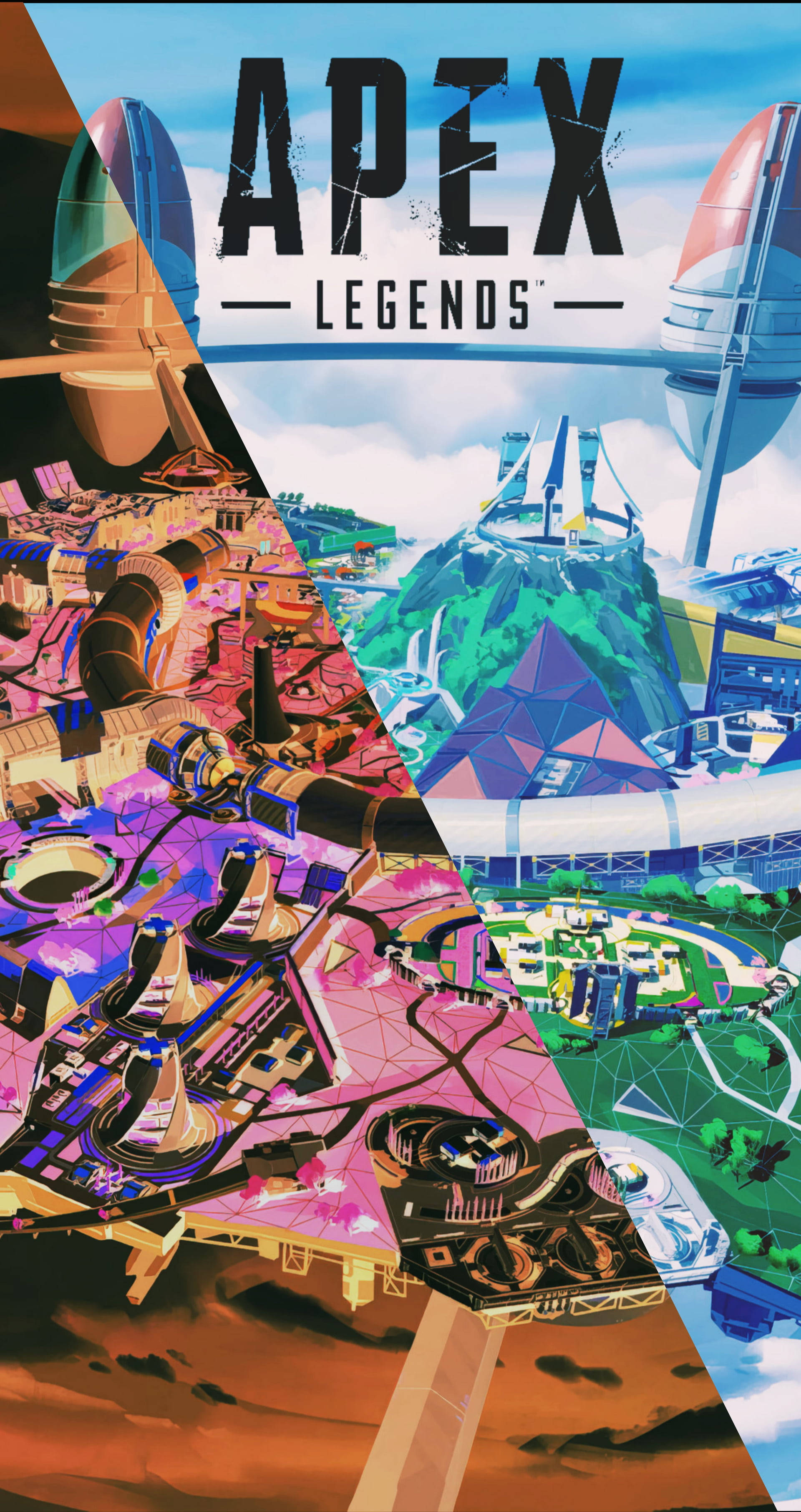 Apex 英雄 桌布 壁紙 — 充滿活力的風格化拼貼畫，展示Apex Legends遊戲地圖，具有未來主義結構和色彩繽紛的幾何景觀。