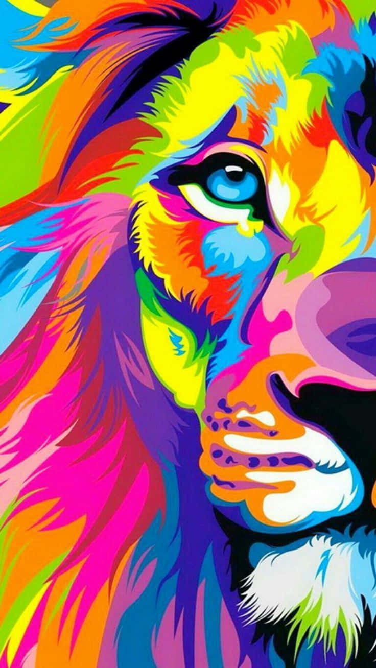 Trippy Animals 桌布 壁紙 — 充滿活力的風格化獅子頭，帶有電光彩虹毛髮和銳利的藍色眼睛。