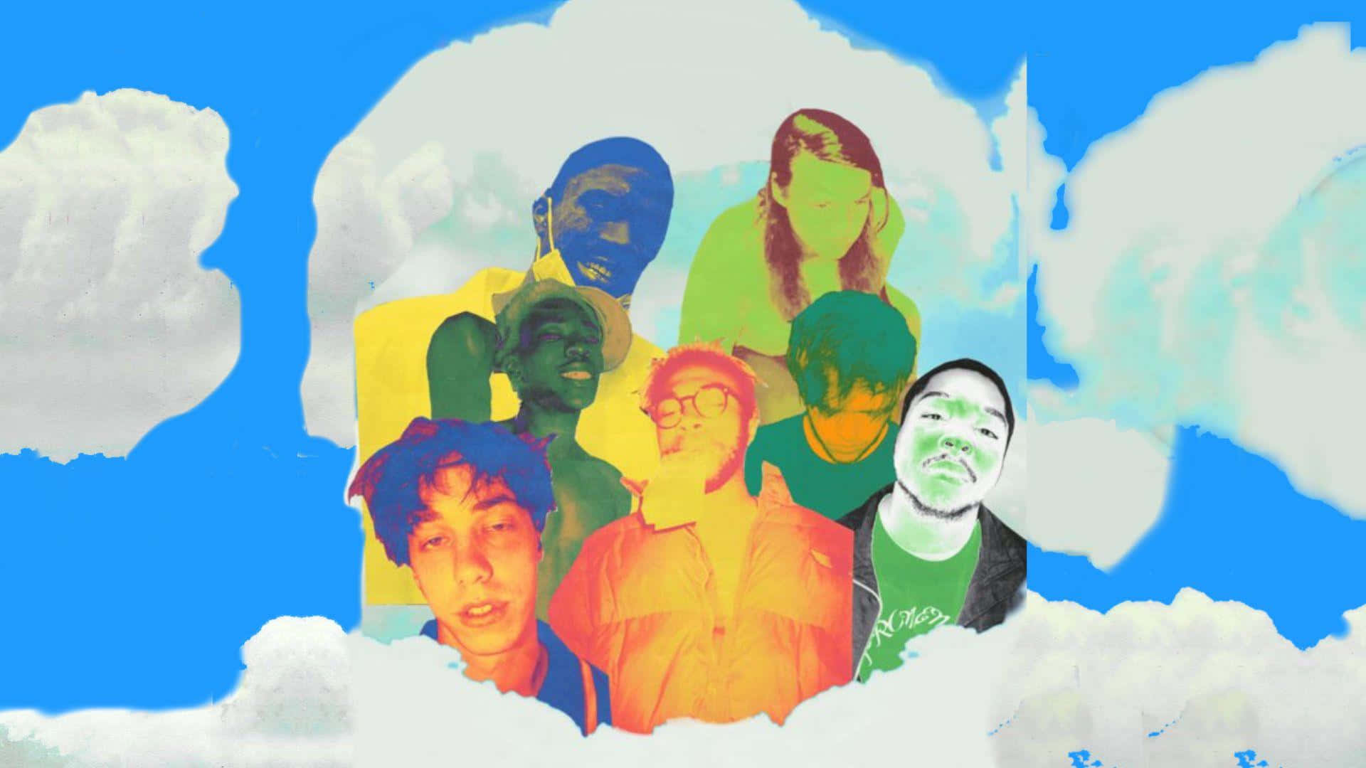 Brockhampton 桌布 壁紙 — 充滿活力的風格化肖像，描繪不同人物從 fluffy 白色雲朵中浮現，背景是明亮的藍天。