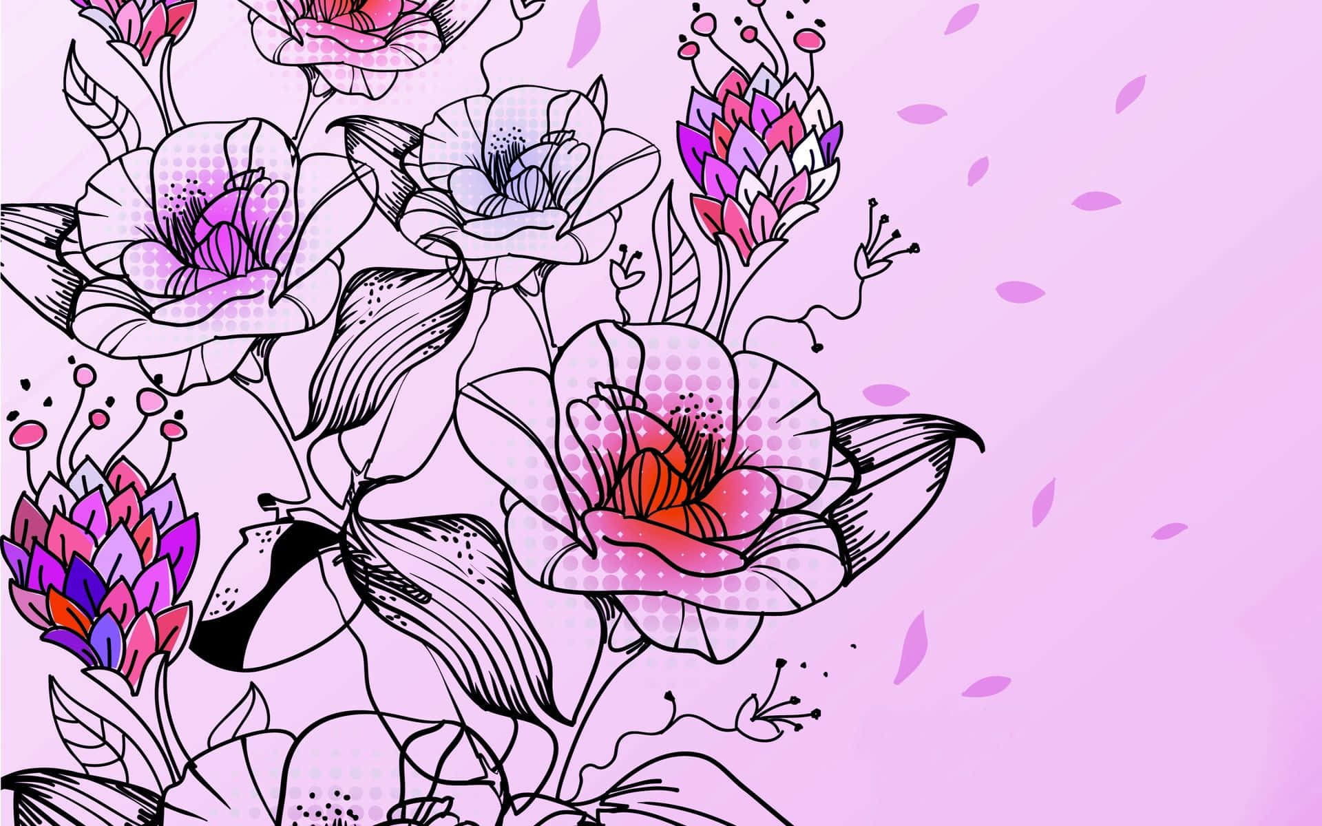 Flower Art 桌布 壁紙 — 充滿活力的風格化花朵，帶有鮮明的黑色輪廓和粉紫色調，在柔和的薰衣草背景上綻放。